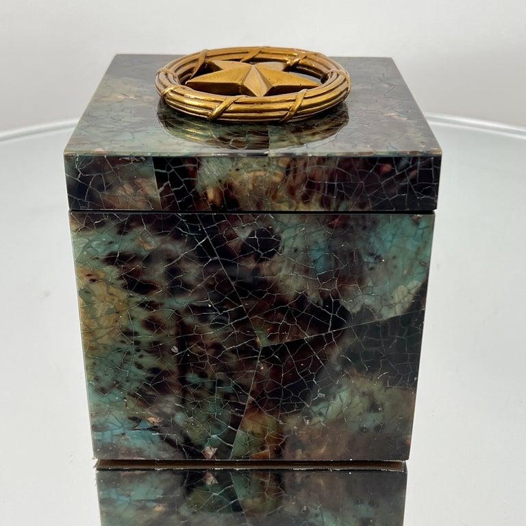 Set of Mosaic Green Penshell Boxes with Brass Accents by Maitland Smith For Sale 4