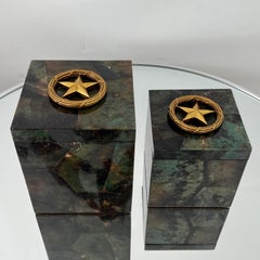 Set of Mosaic Green Penshell Boxes with Brass Accents by Maitland Smith