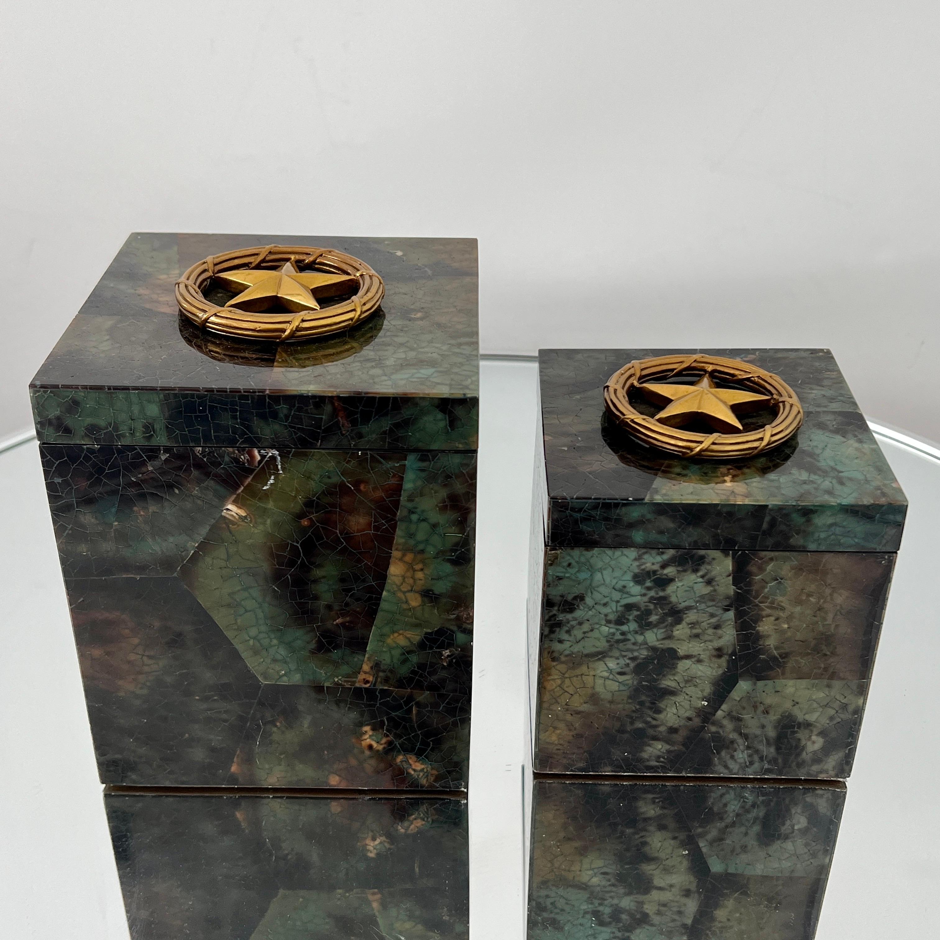 Organic Modern Set of Mosaic Green Penshell Boxes with Brass Accents by Maitland Smith For Sale
