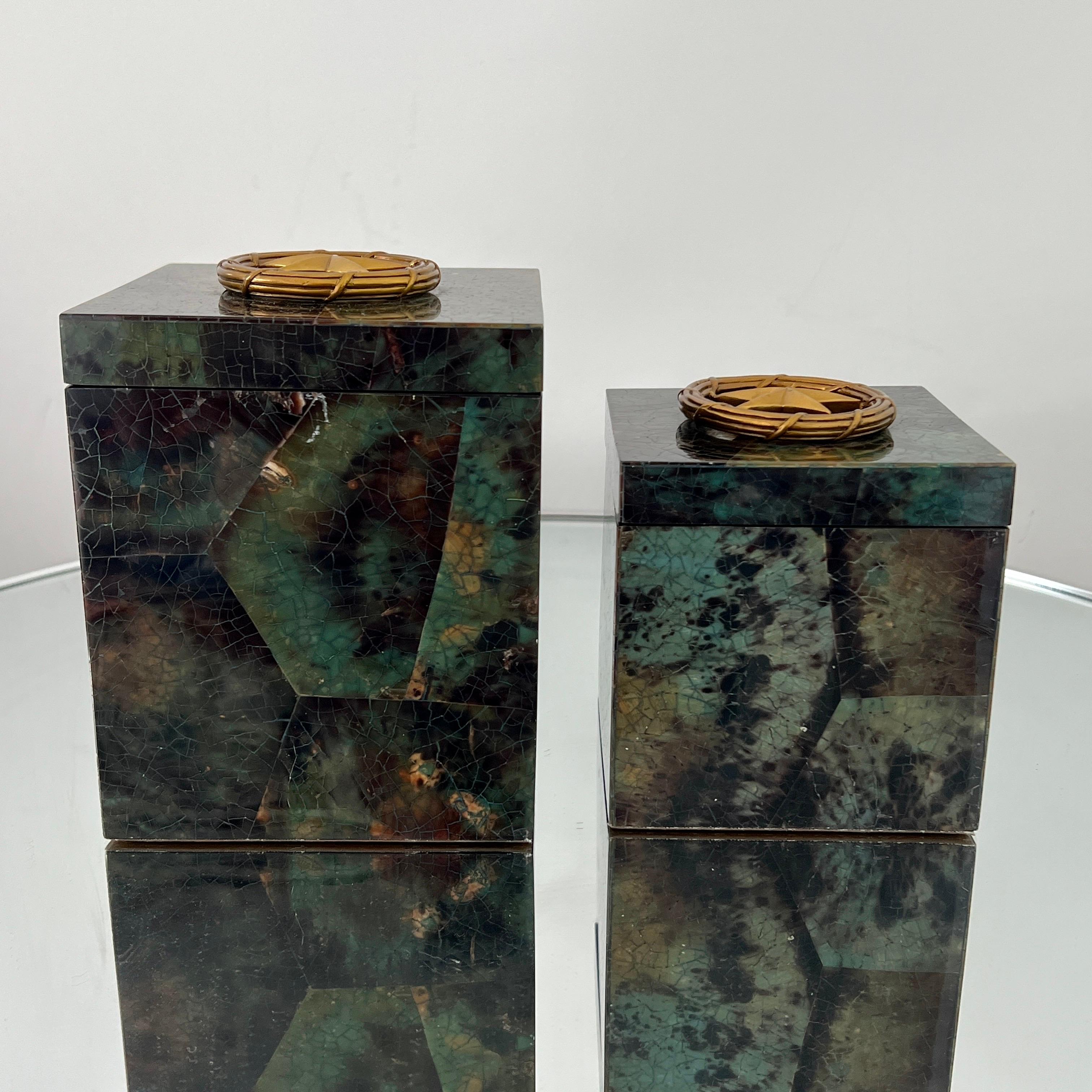 Philippine Set of Mosaic Green Penshell Boxes with Brass Accents by Maitland Smith For Sale