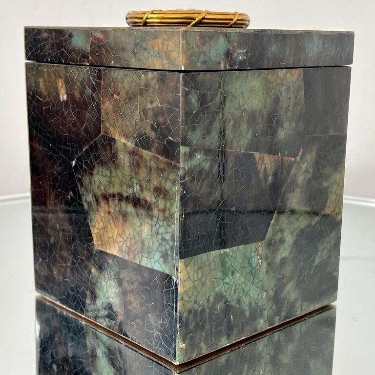 Set of Mosaic Green Penshell Boxes with Brass Accents by Maitland Smith For Sale 1