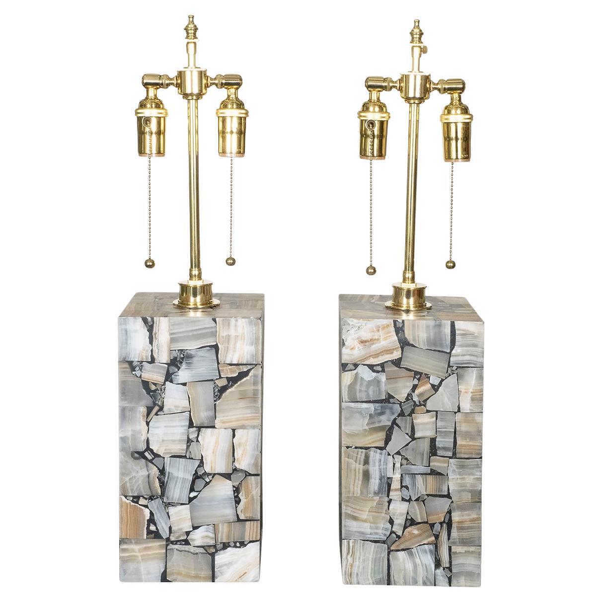Pair of mosaic style onyx inlay table lamps