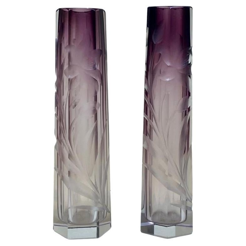 Pair of Moser Amethyst Cut to Clear Intaglio Glass Vases, Circa 1900 For Sale 2