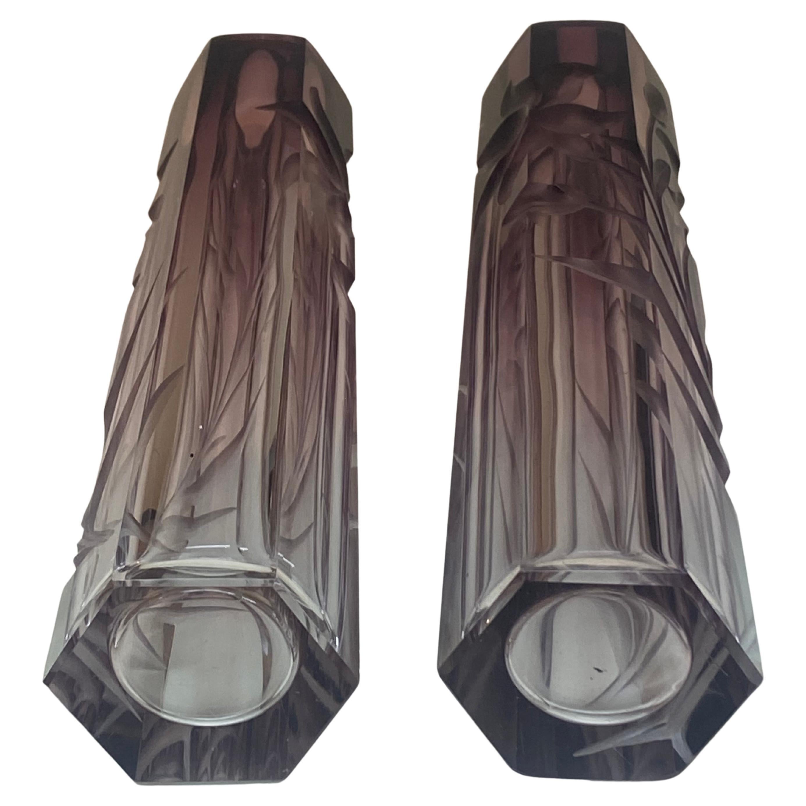 Pair of Moser Amethyst Cut to Clear Intaglio Glass Vases, Circa 1900 For Sale 4