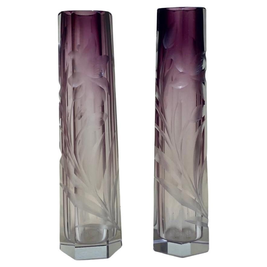 Pair of Moser Amethyst Cut to Clear Intaglio Glass Vases, Circa 1900 For Sale 5