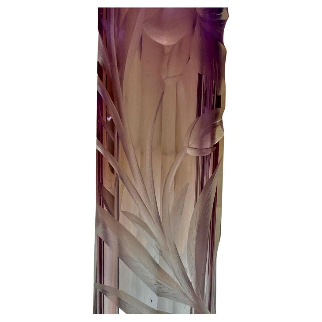 Art Nouveau Pair of Moser Amethyst Cut to Clear Intaglio Glass Vases, Circa 1900 For Sale