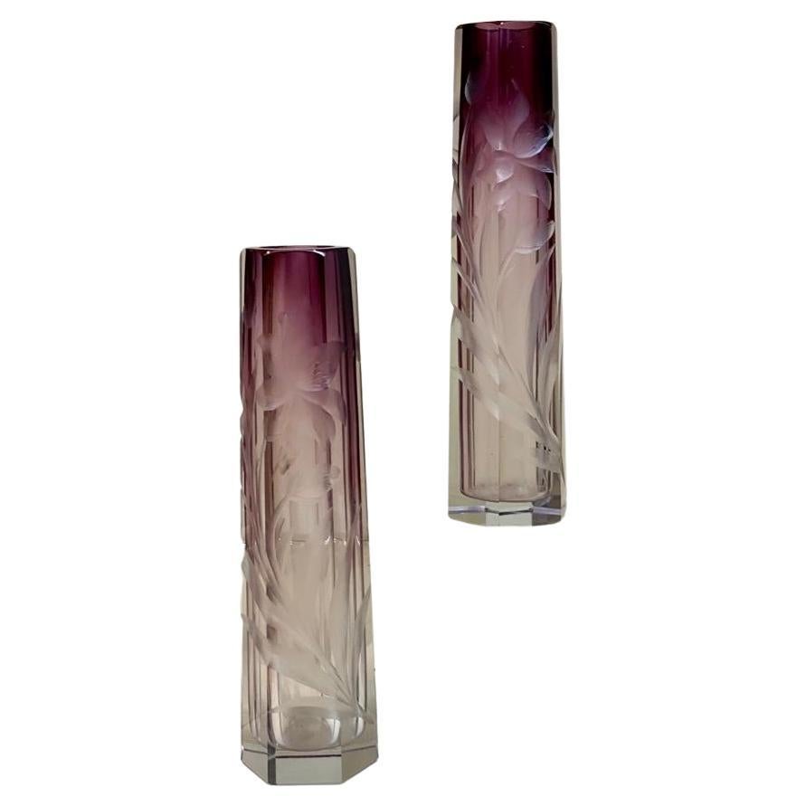 Czech Pair of Moser Amethyst Cut to Clear Intaglio Glass Vases, Circa 1900 For Sale