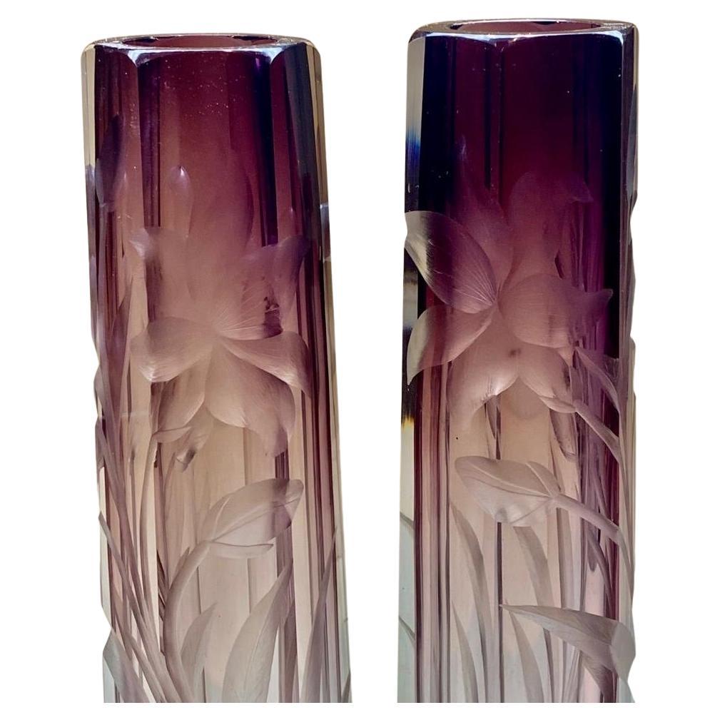 Early 20th Century Pair of Moser Amethyst Cut to Clear Intaglio Glass Vases, Circa 1900 For Sale