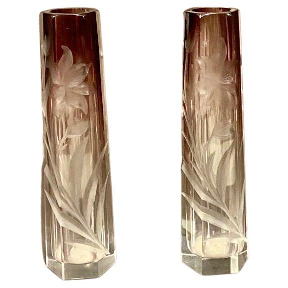 Pair of Moser Amethyst Cut to Clear Intaglio Glass Vases, Circa 1900 For Sale 1