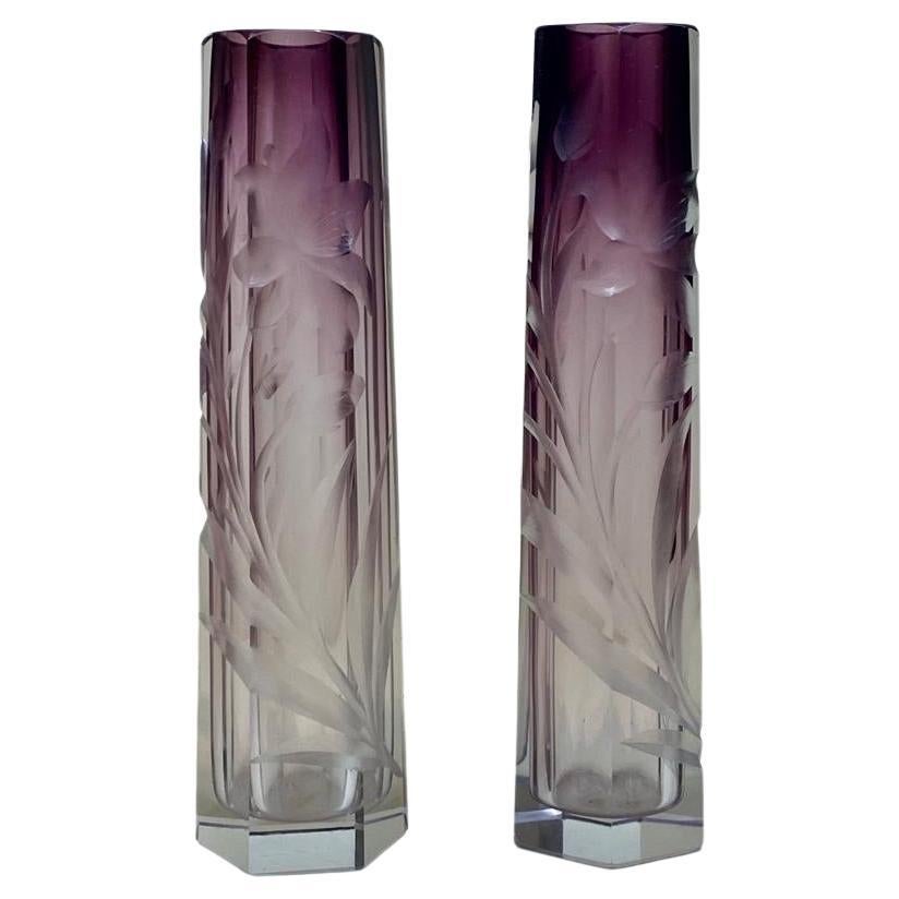 Pair of Moser Amethyst Cut to Clear Intaglio Glass Vases, Circa 1900