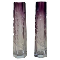 Used Pair of Moser Amethyst Cut to Clear Intaglio Glass Vases, Circa 1900