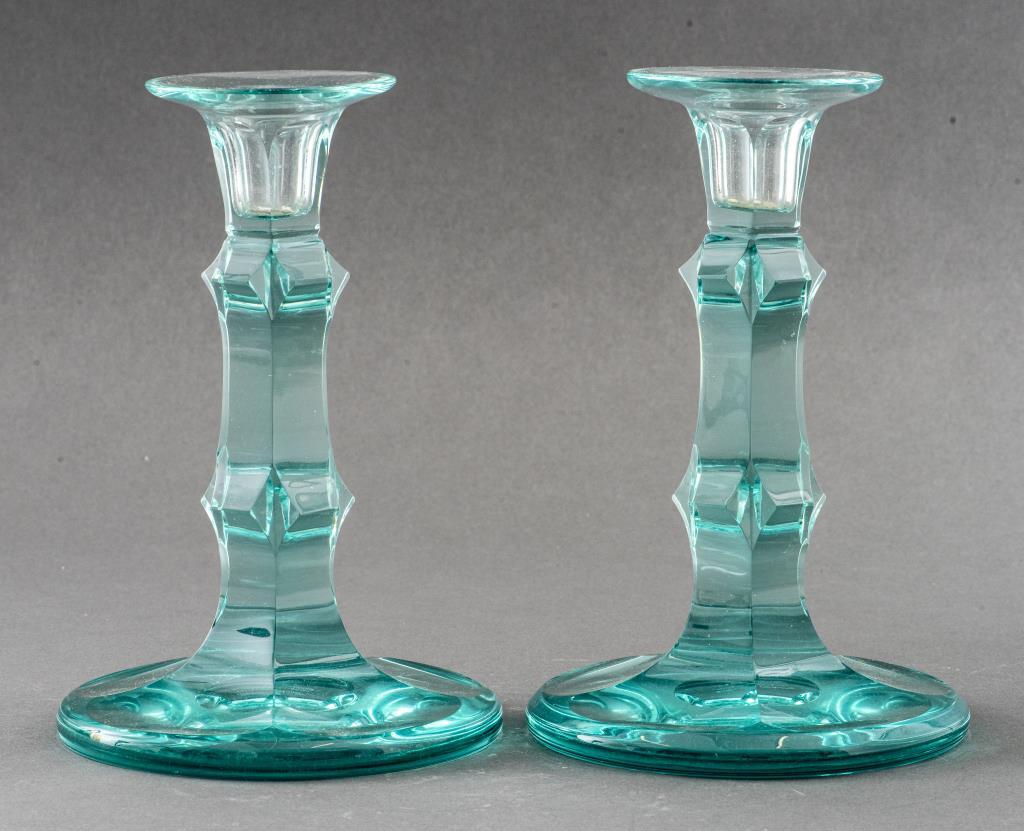 Pair of Moser Czech blue glass candlesticks, marked 
