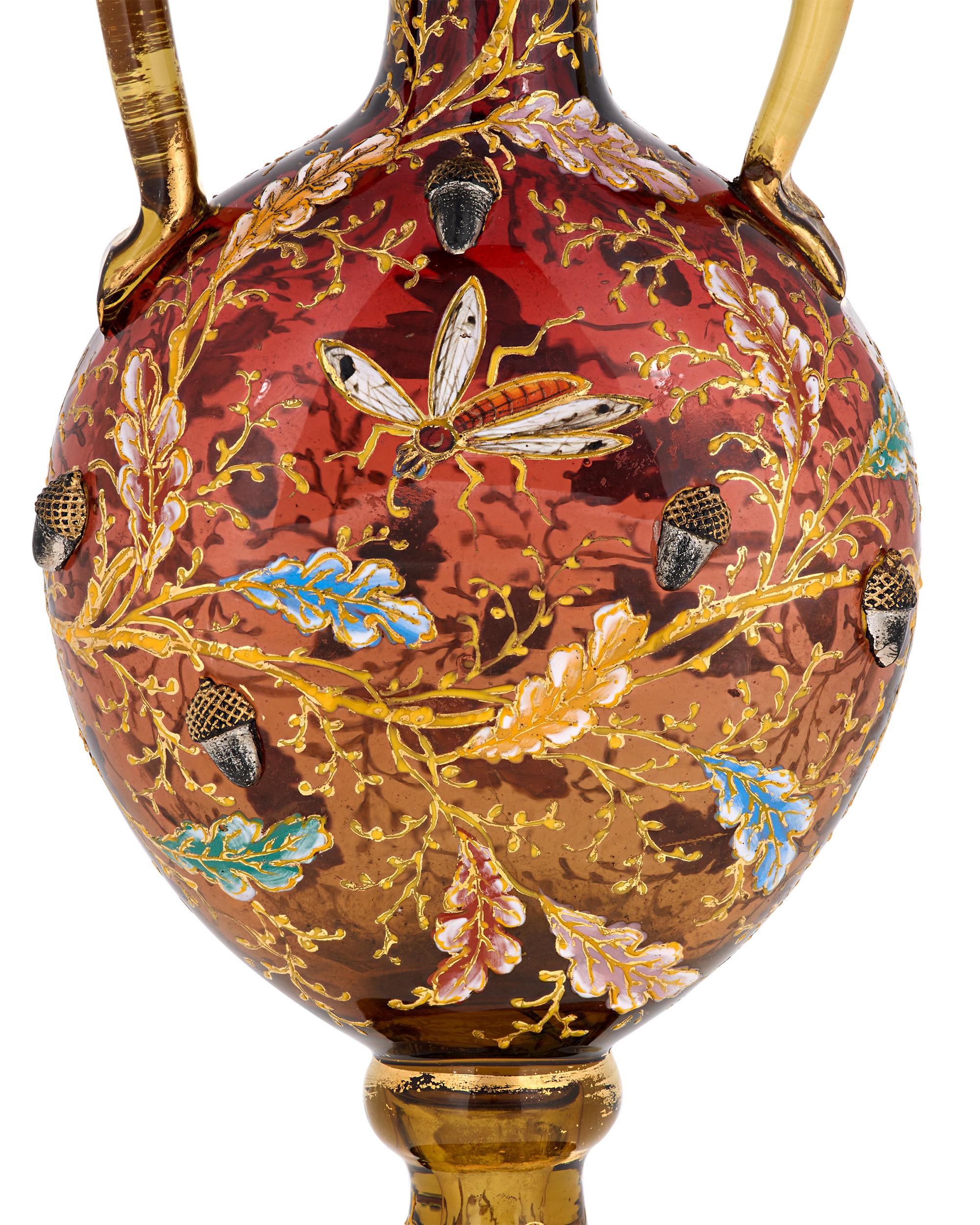 Bohemian Pair of Moser Glass and Enamel Vases