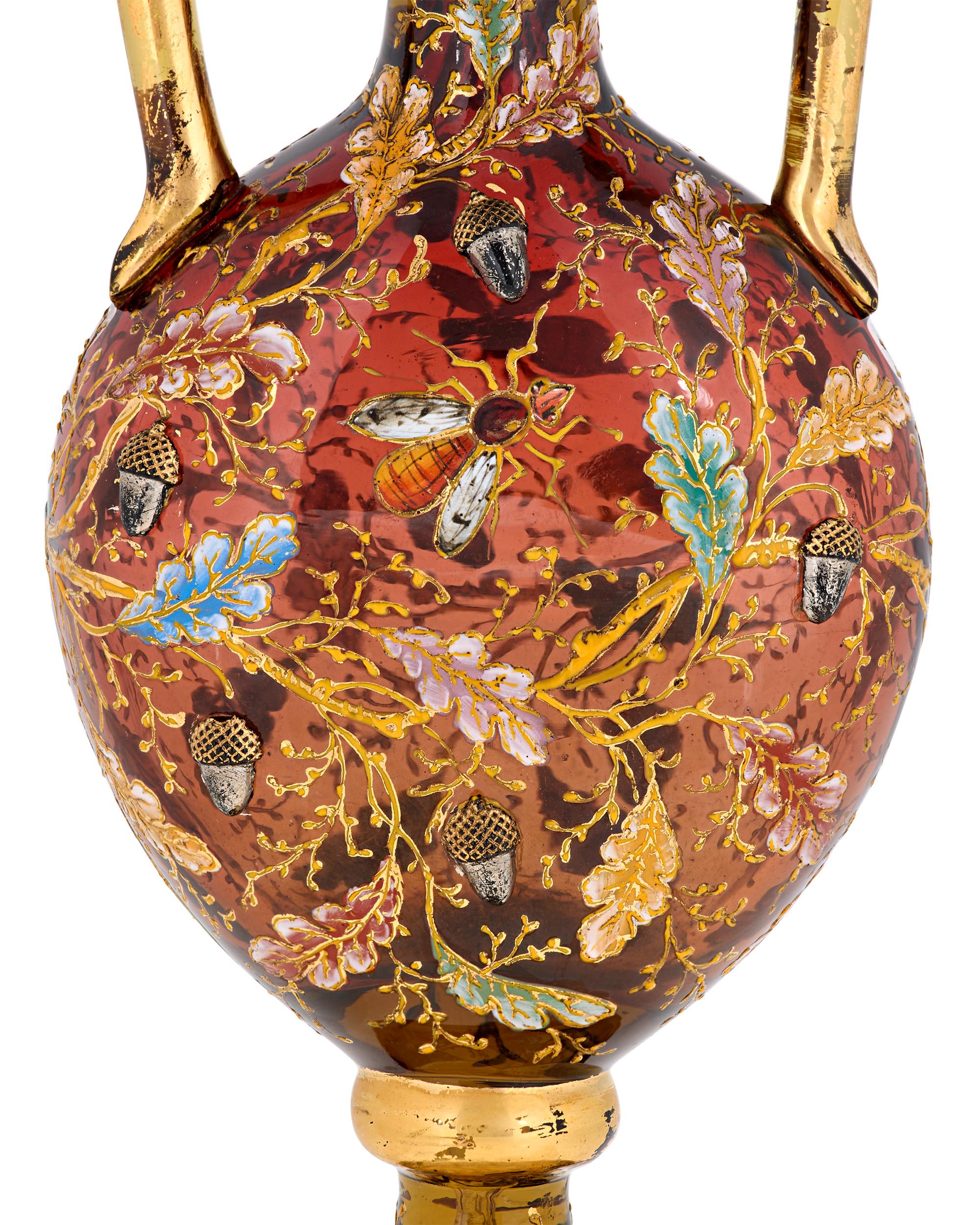 Czech Pair of Moser Glass and Enamel Vases