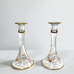 Pair of Moser Hand Blown Clear Crystal Candlesticks