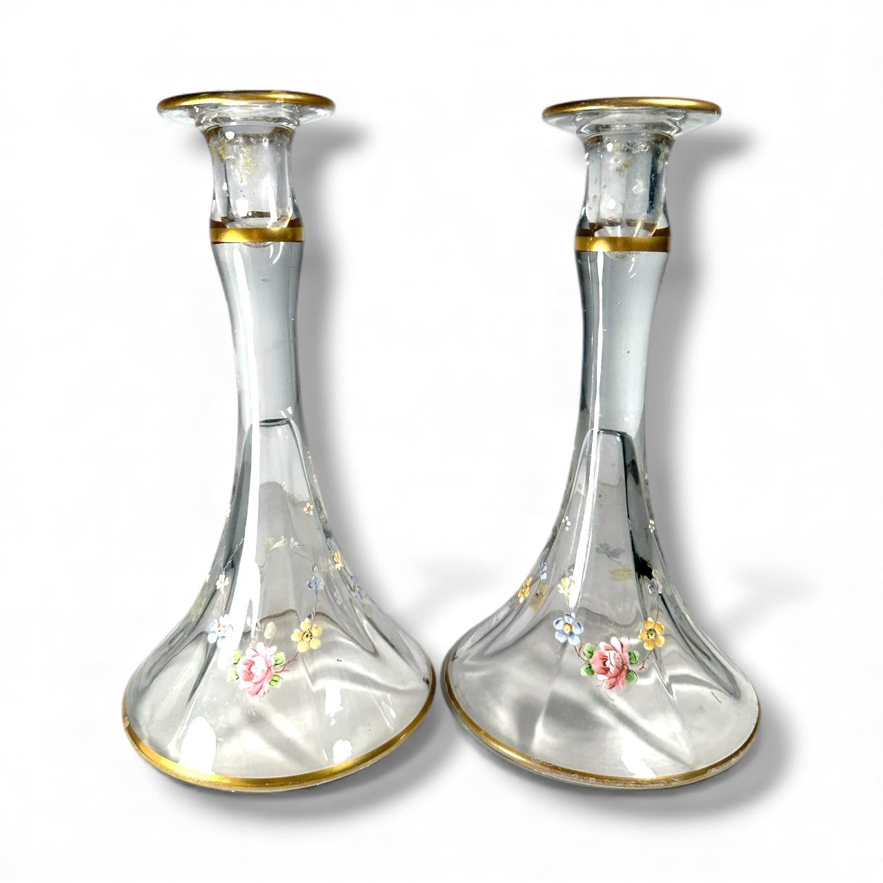 Vittoriano Coppia di candelieri in cristallo trasparente soffiato a mano Moser in vendita