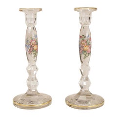 Pair of Moser Hand Blown Crystal Candlesticks with Enamel and Gilt Decoration