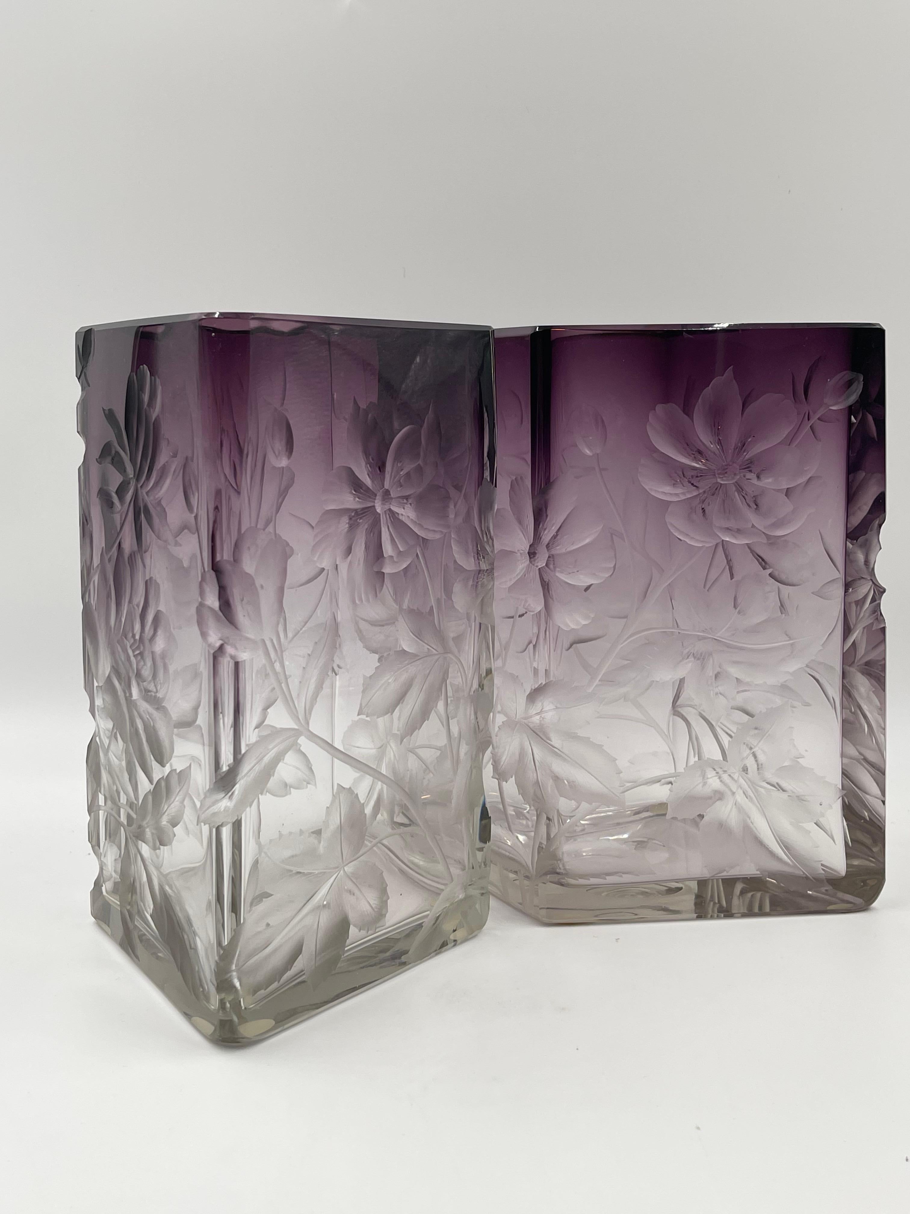 Pair of Moser Purple Cut to Clear Intaglio Vases For Sale 4
