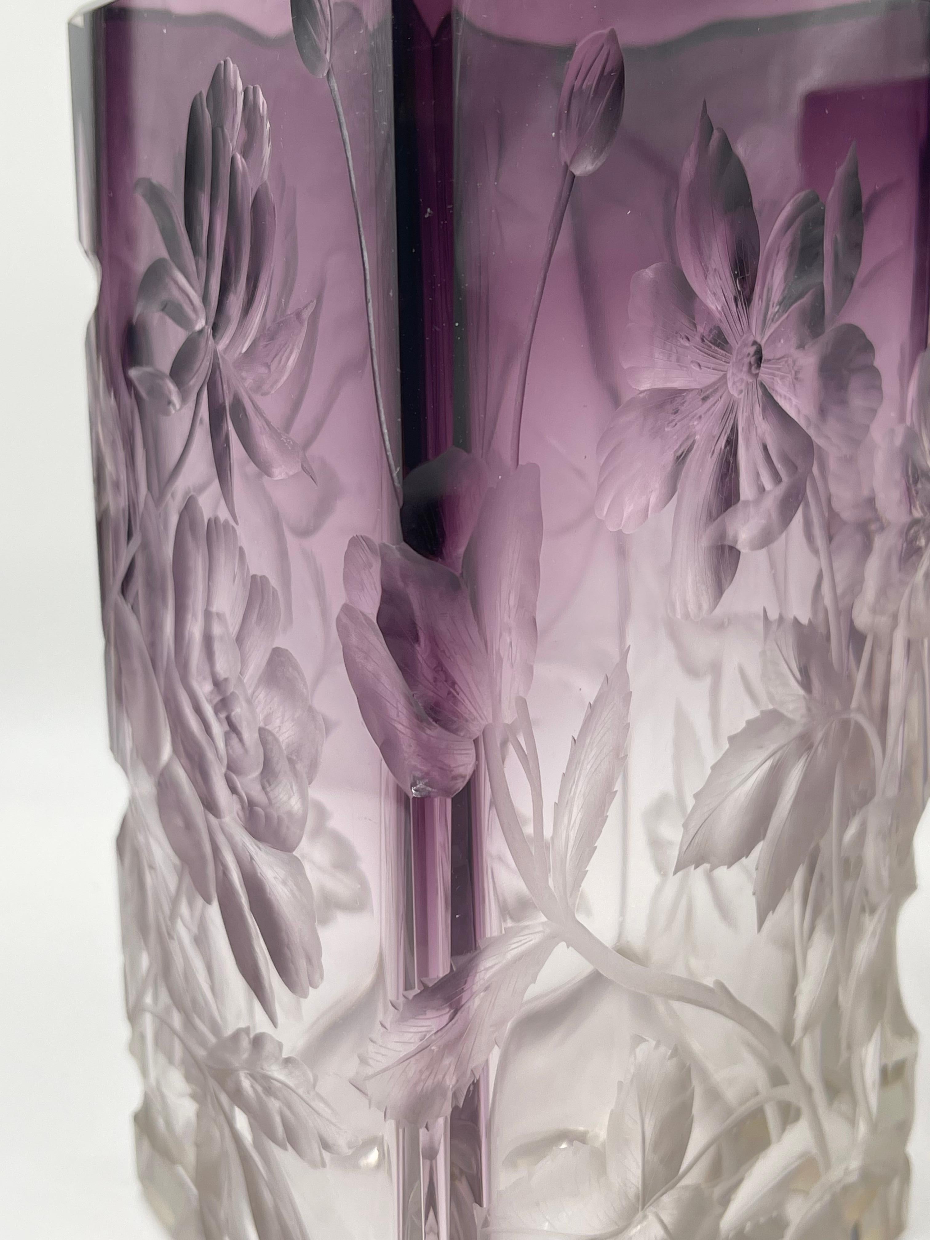 Pair of Moser Purple Cut to Clear Intaglio Vases For Sale 9