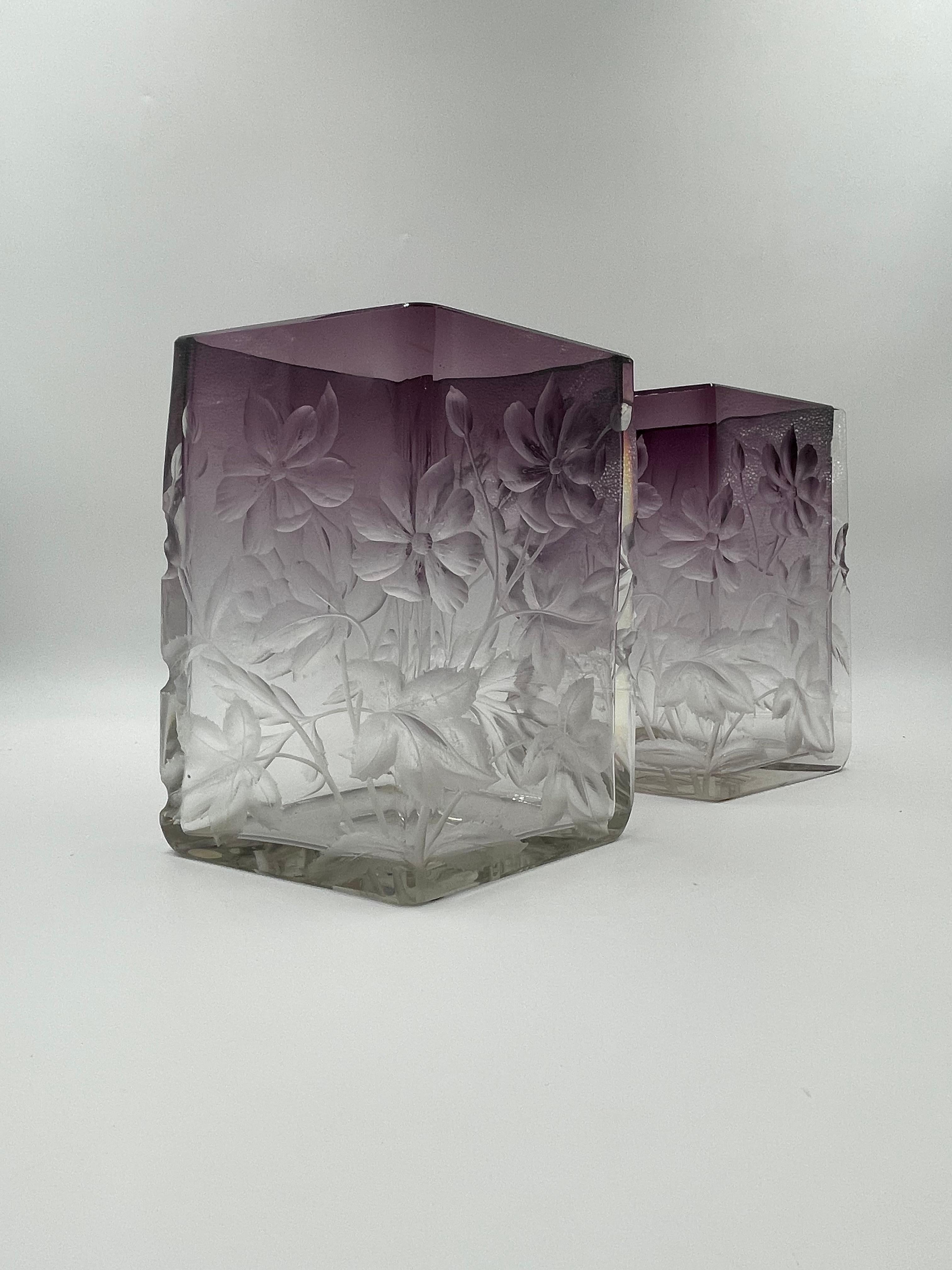 Czech Pair of Moser Purple Cut to Clear Intaglio Vases For Sale