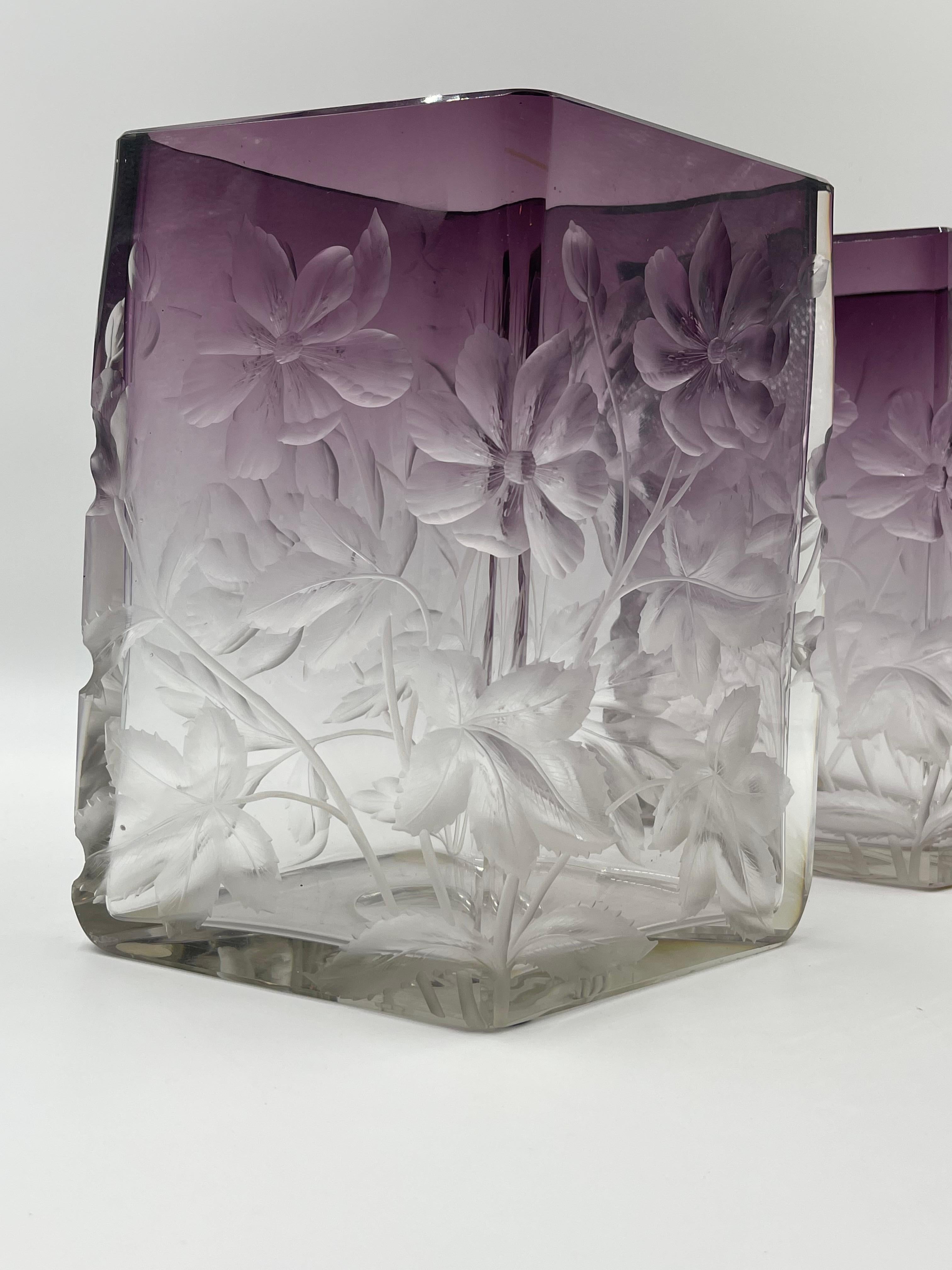 Pair of Moser Purple Cut to Clear Intaglio Vases In Good Condition For Sale In Kensington, CT