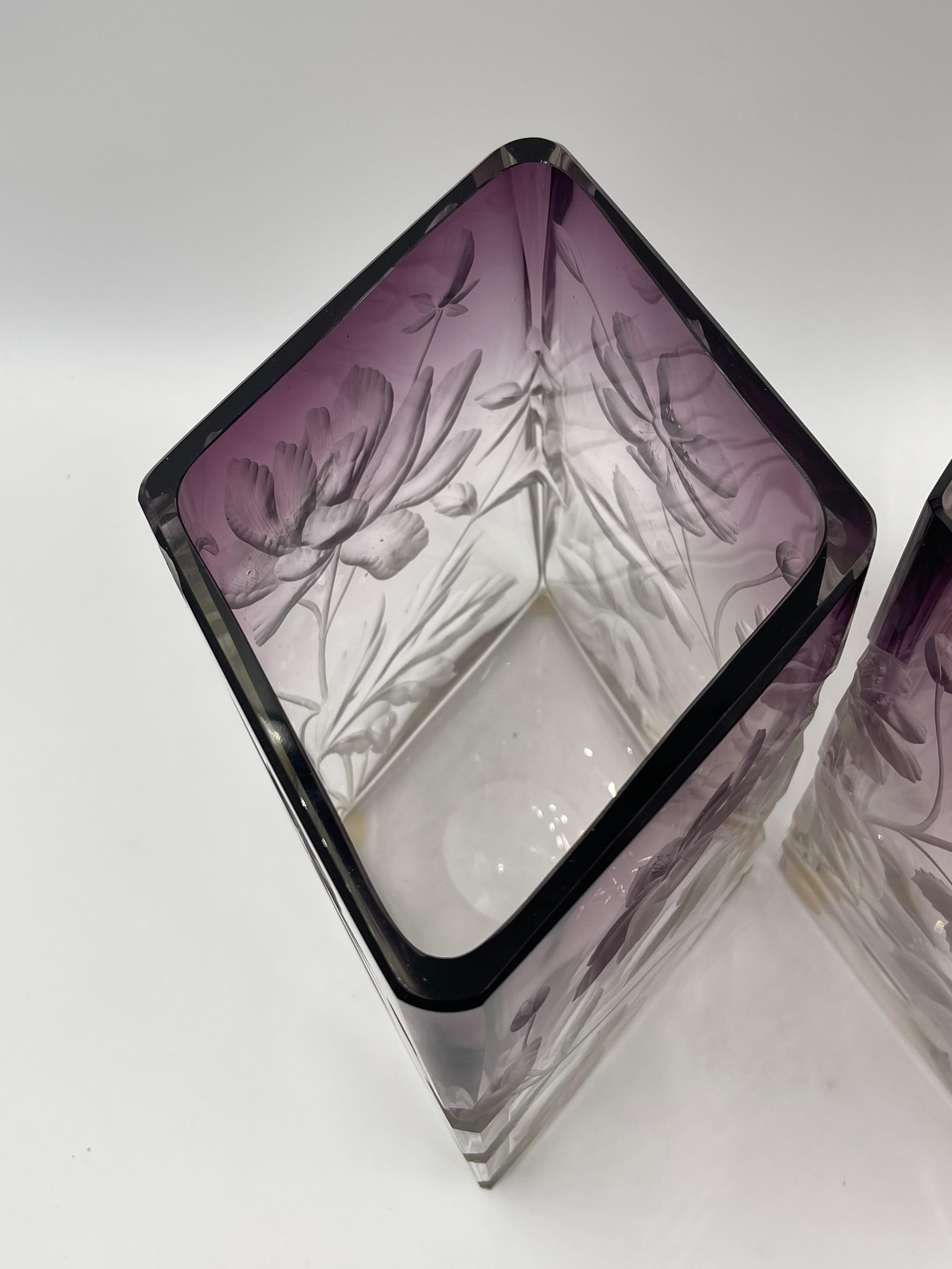 Glass Pair of Moser Purple Cut to Clear Intaglio Vases For Sale