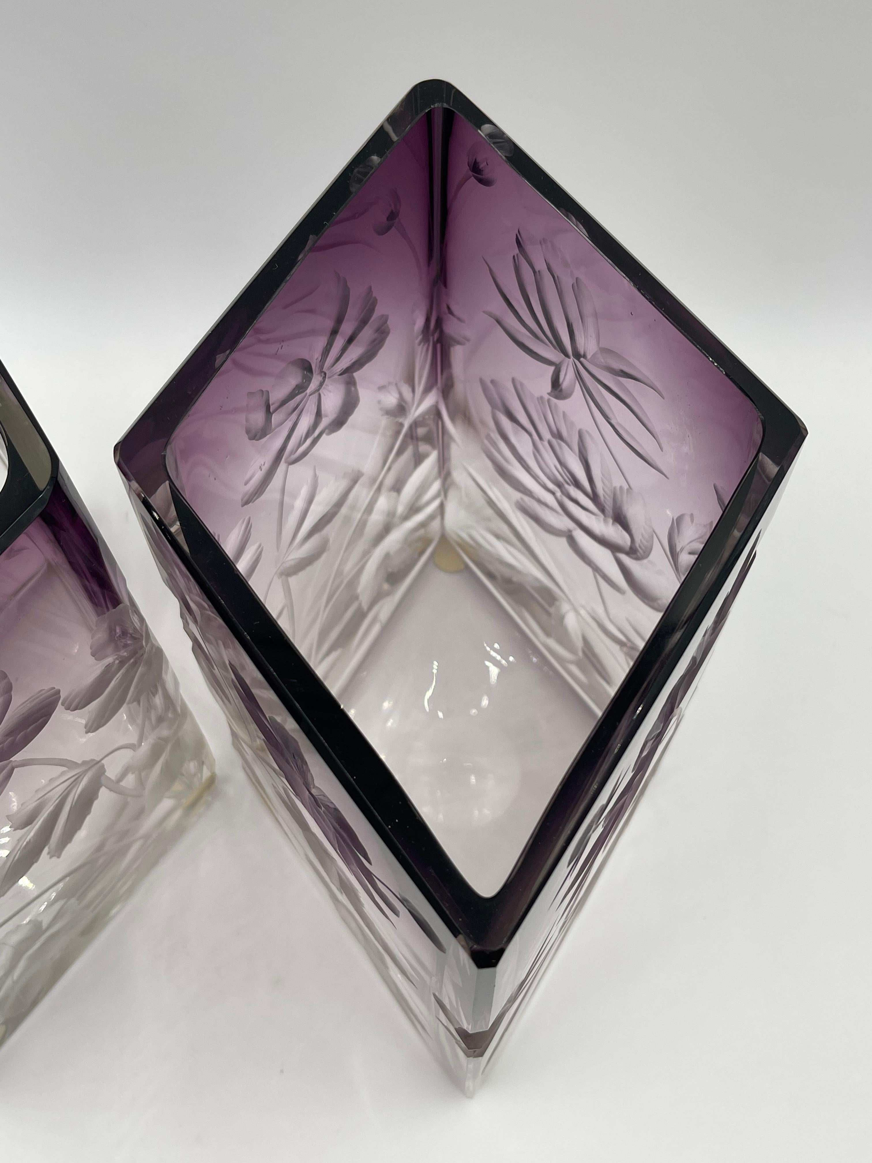 Pair of Moser Purple Cut to Clear Intaglio Vases For Sale 1