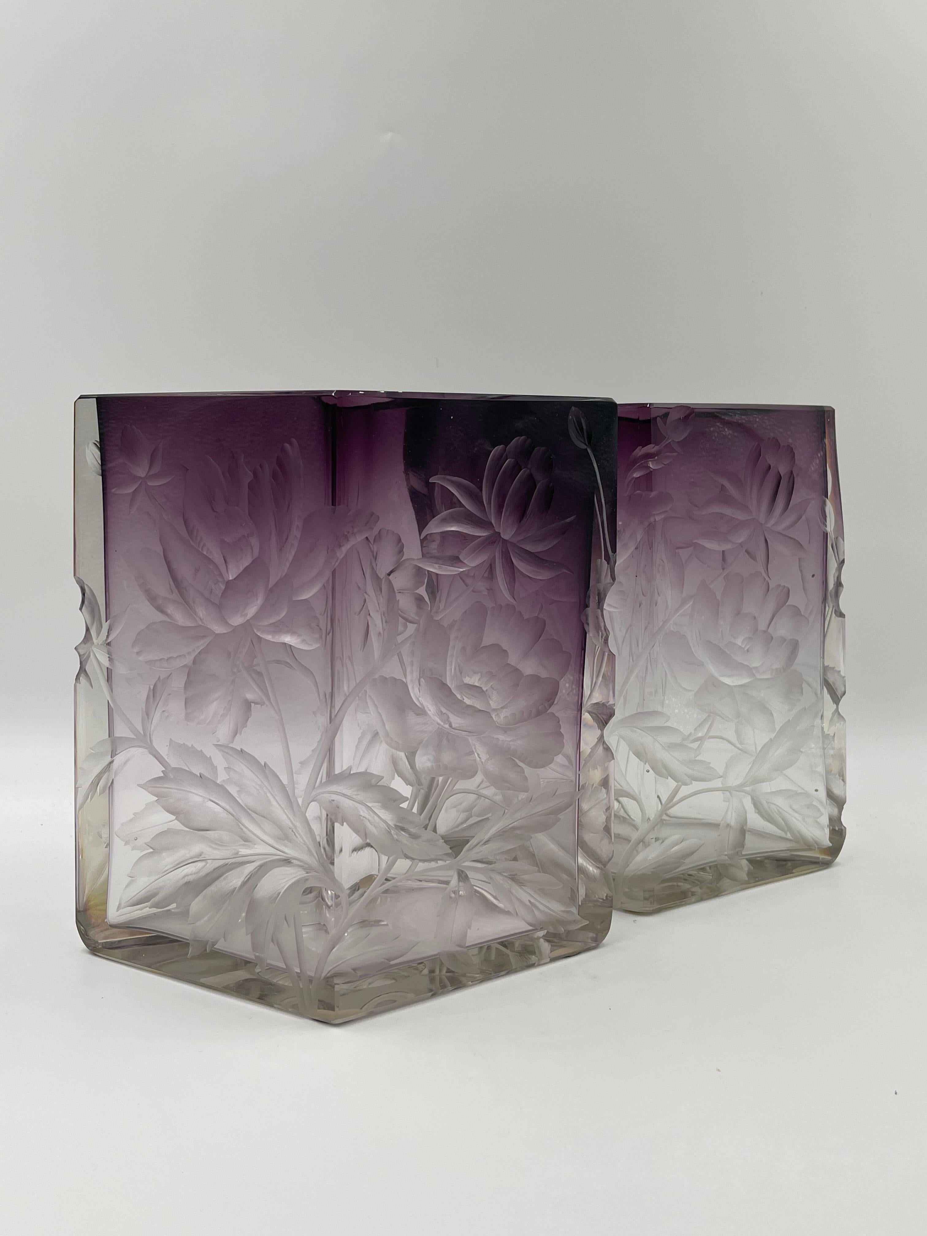 Pair of Moser Purple Cut to Clear Intaglio Vases For Sale 3