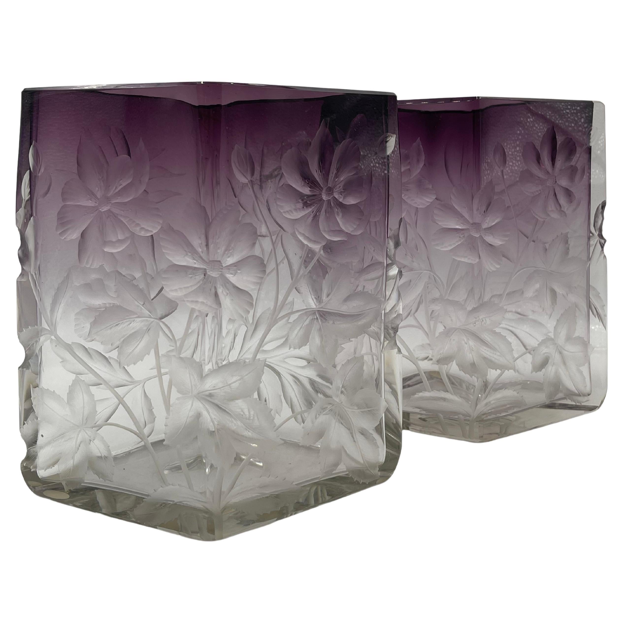Pair of Moser Purple Cut to Clear Intaglio Vases