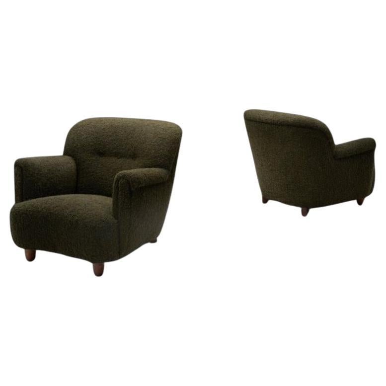 Pair of Moss Green Armchairs, Europe Mid-20th Century