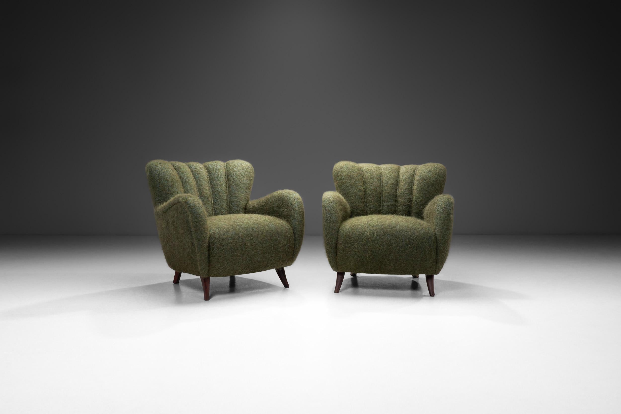 Mid-Century Modern Pair of Moss Green Upholstered Armchairs, Europe 20th Century