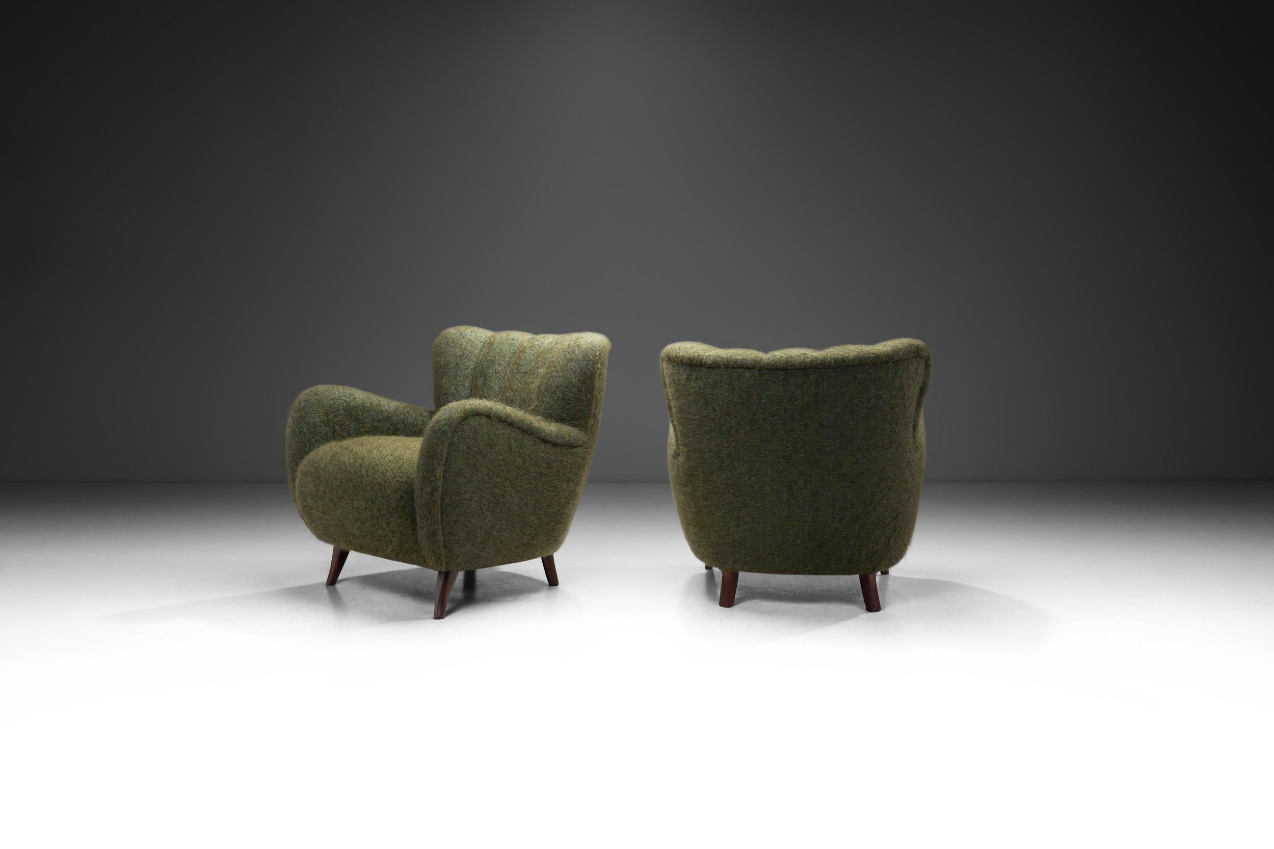 European Pair of Moss Green Upholstered Armchairs, Europe 20th Century