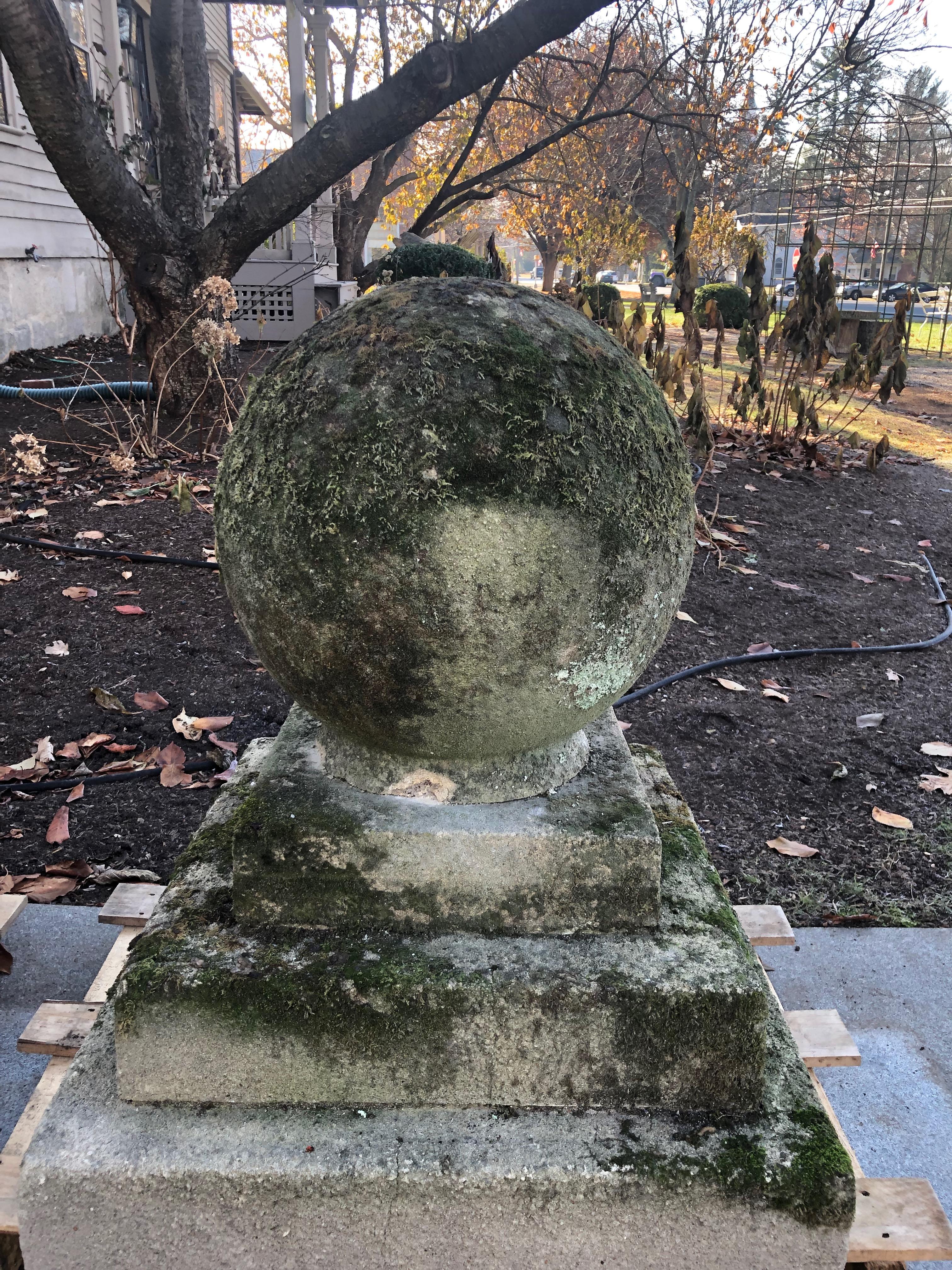 Pair of Mossy Estate-Sized English Cast Stone Ball Finials on Tiered Bases 3