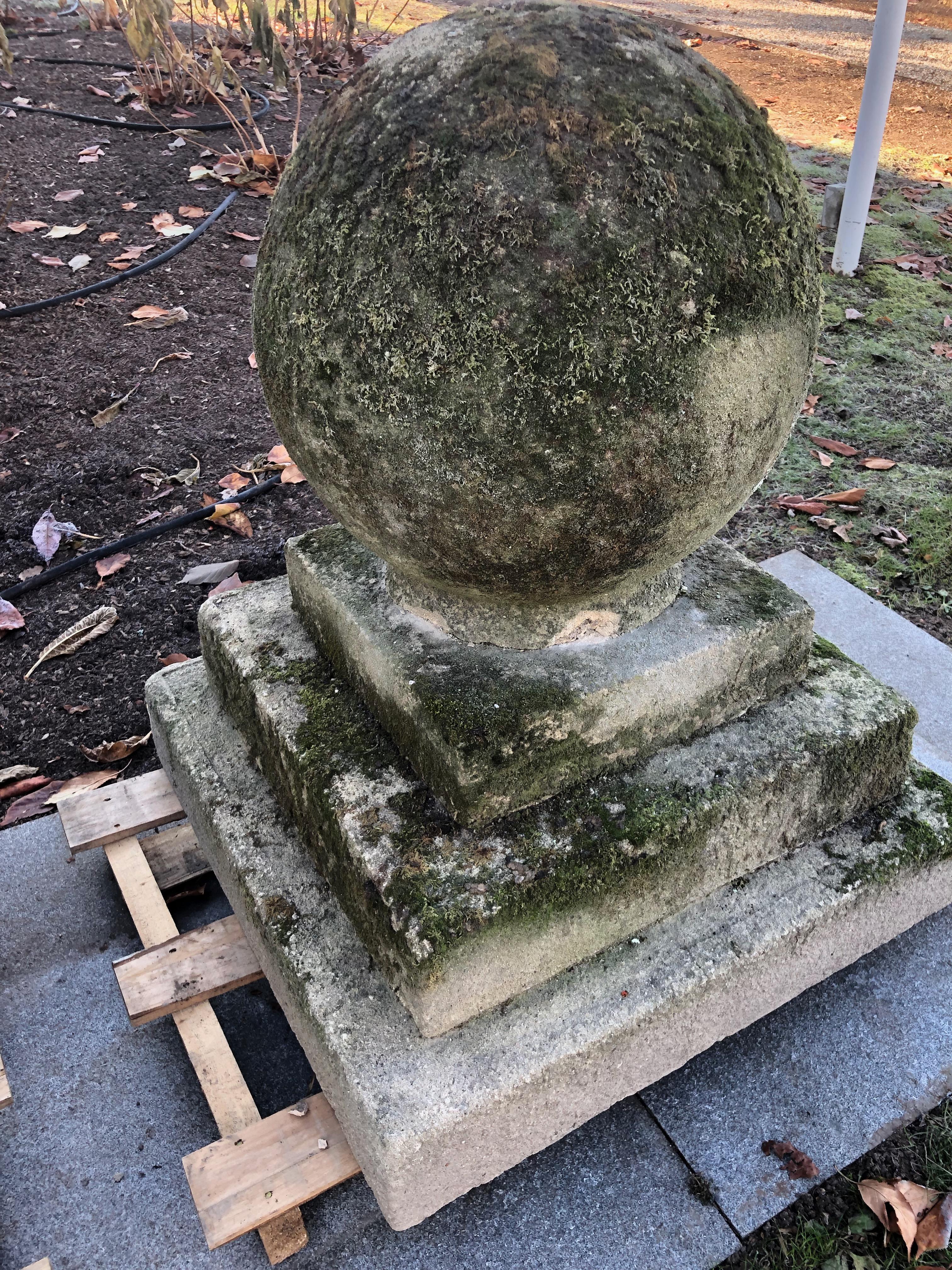 Pair of Mossy Estate-Sized English Cast Stone Ball Finials on Tiered Bases 4