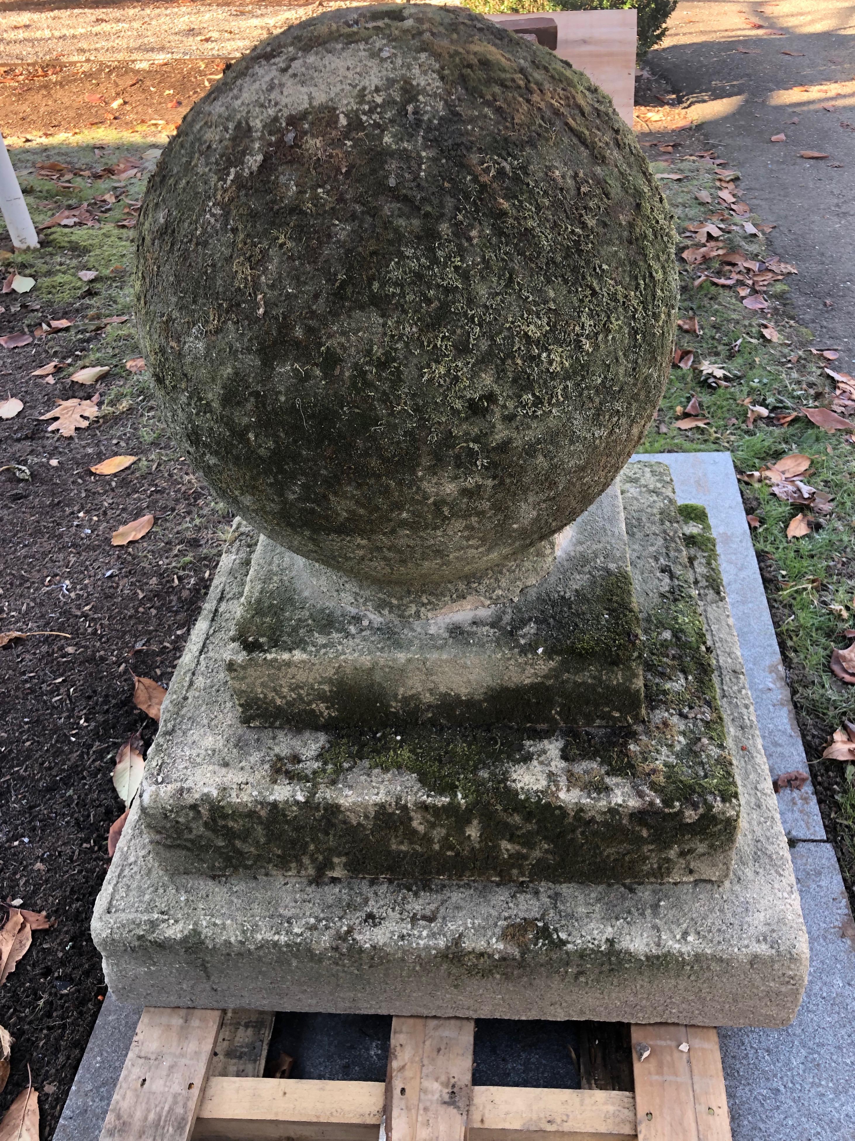 Pair of Mossy Estate-Sized English Cast Stone Ball Finials on Tiered Bases 5