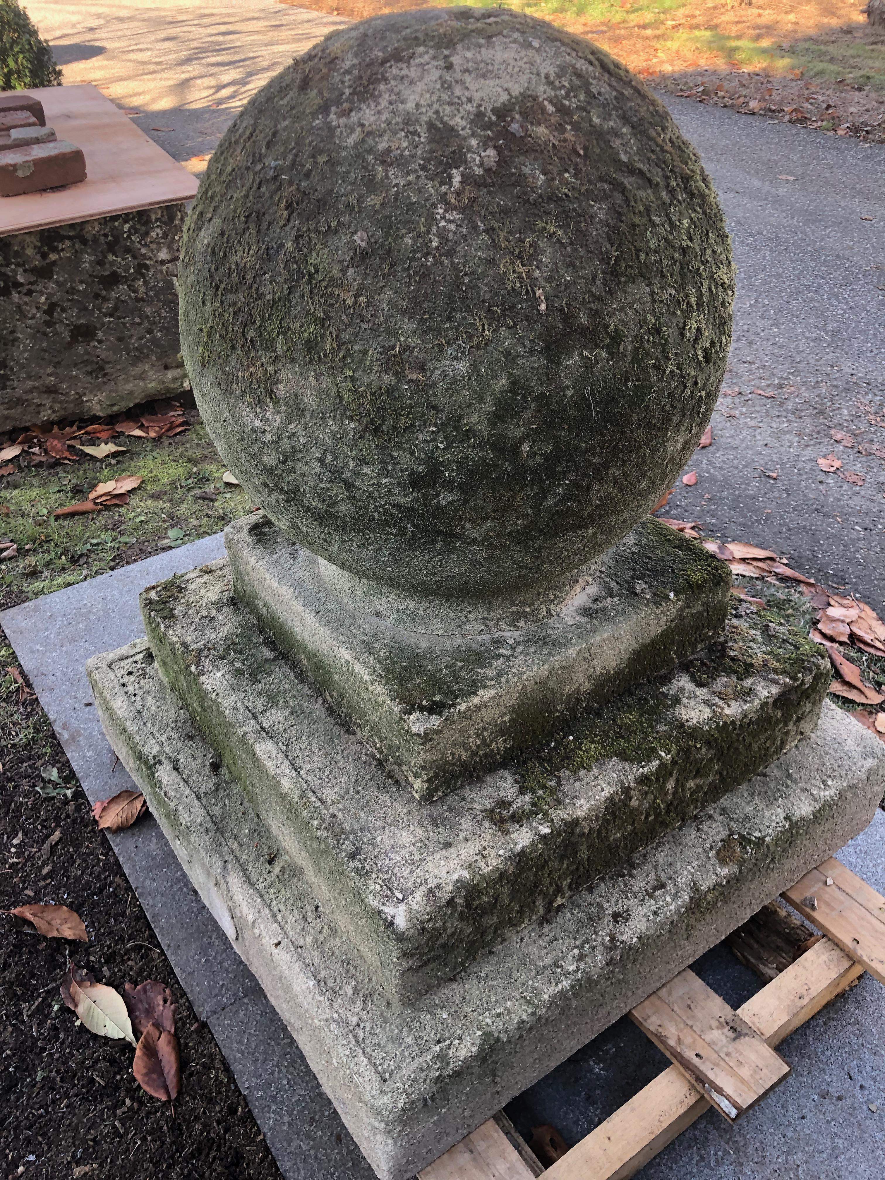 Pair of Mossy Estate-Sized English Cast Stone Ball Finials on Tiered Bases 6