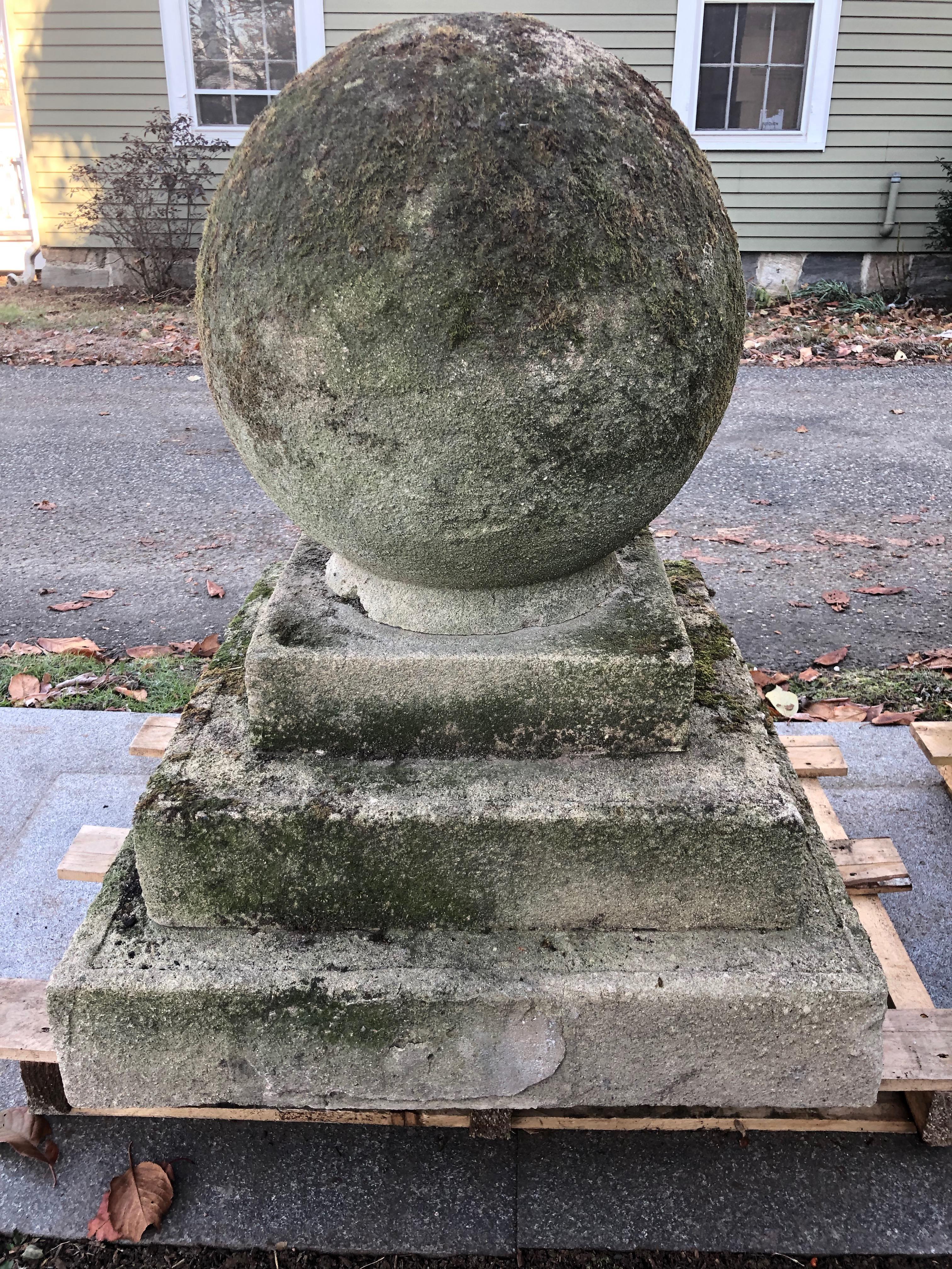 Pair of Mossy Estate-Sized English Cast Stone Ball Finials on Tiered Bases 7