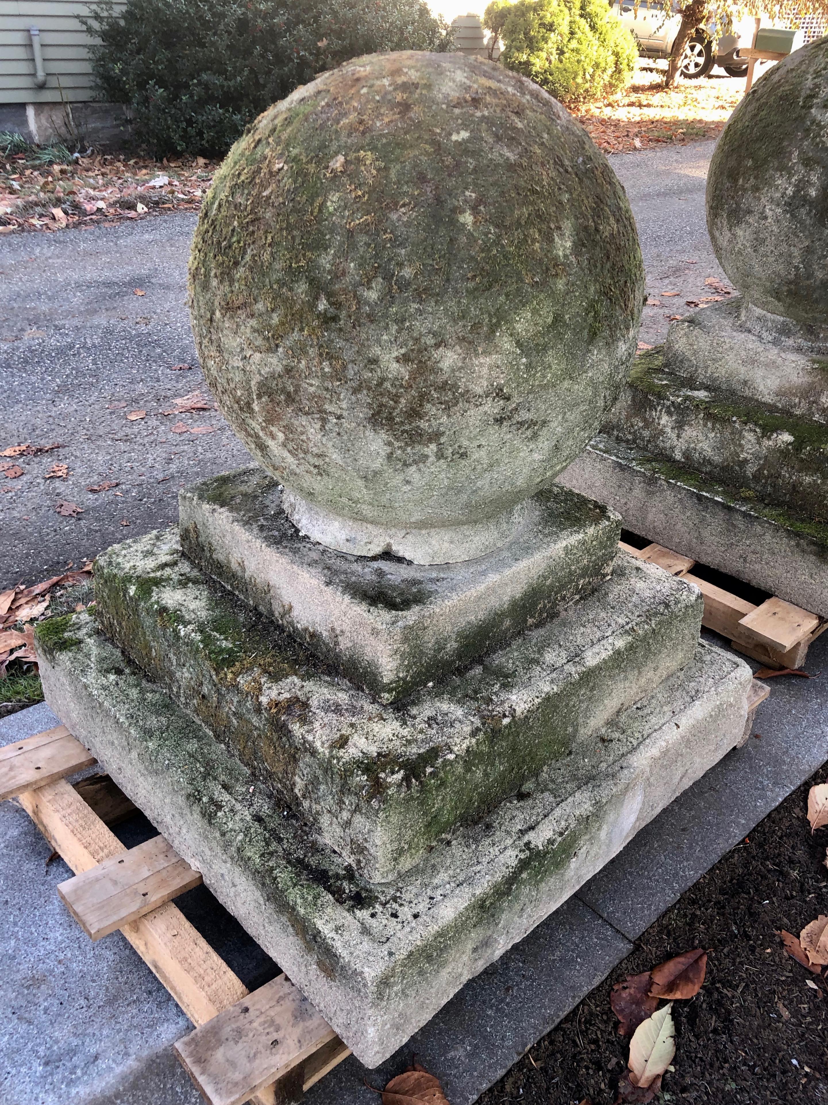 Pair of Mossy Estate-Sized English Cast Stone Ball Finials on Tiered Bases 8