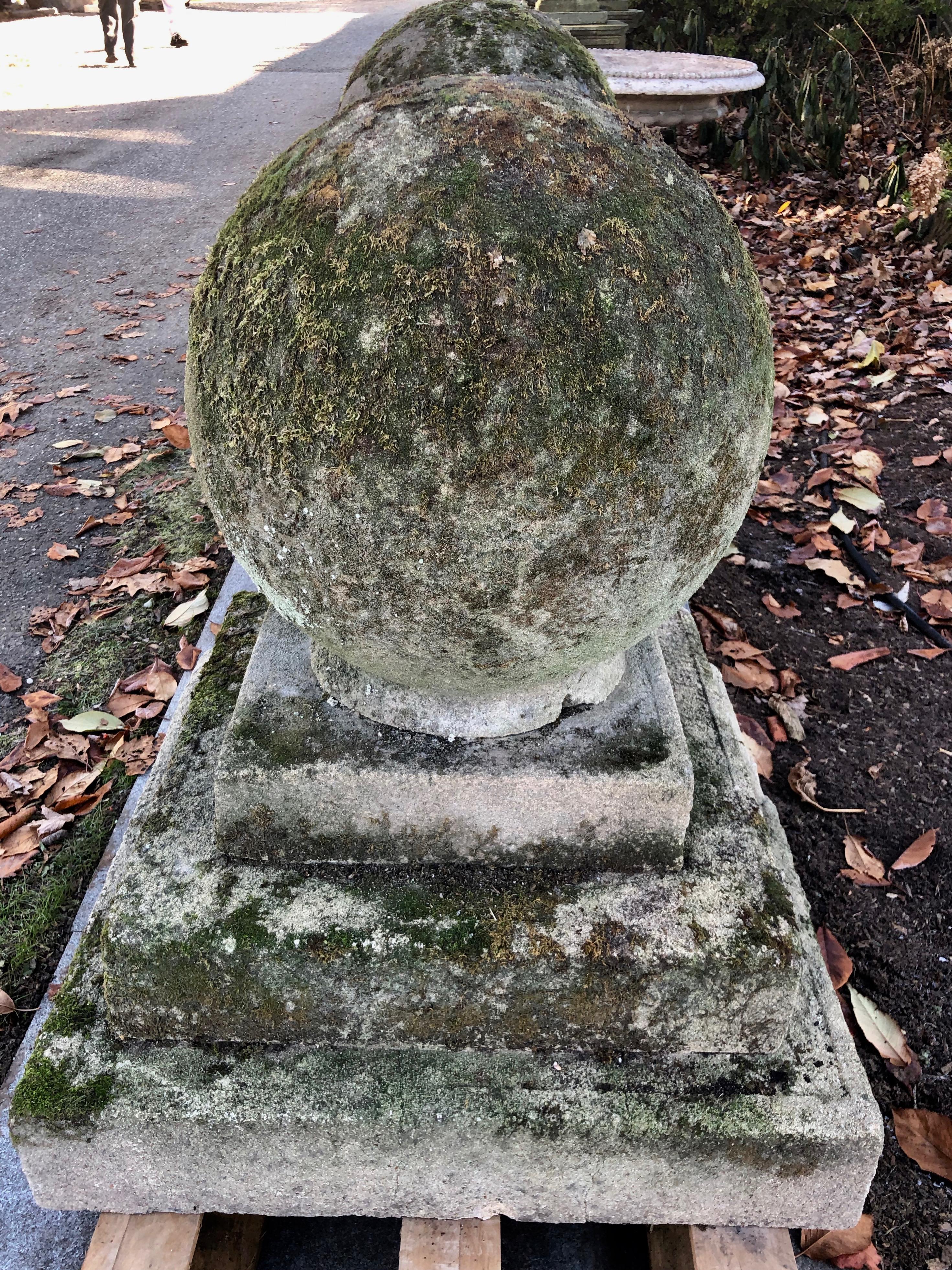 Pair of Mossy Estate-Sized English Cast Stone Ball Finials on Tiered Bases 9