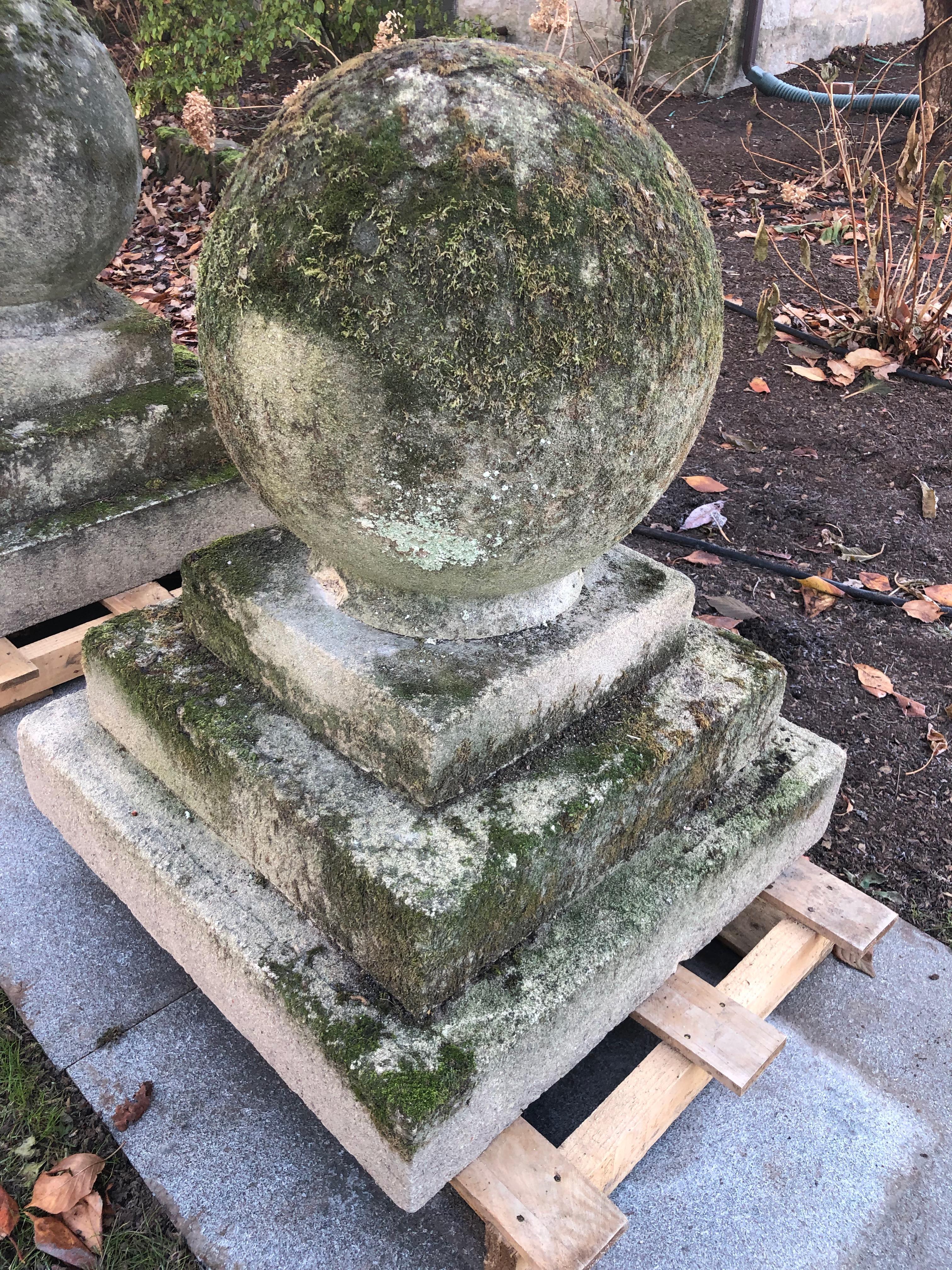Pair of Mossy Estate-Sized English Cast Stone Ball Finials on Tiered Bases 10