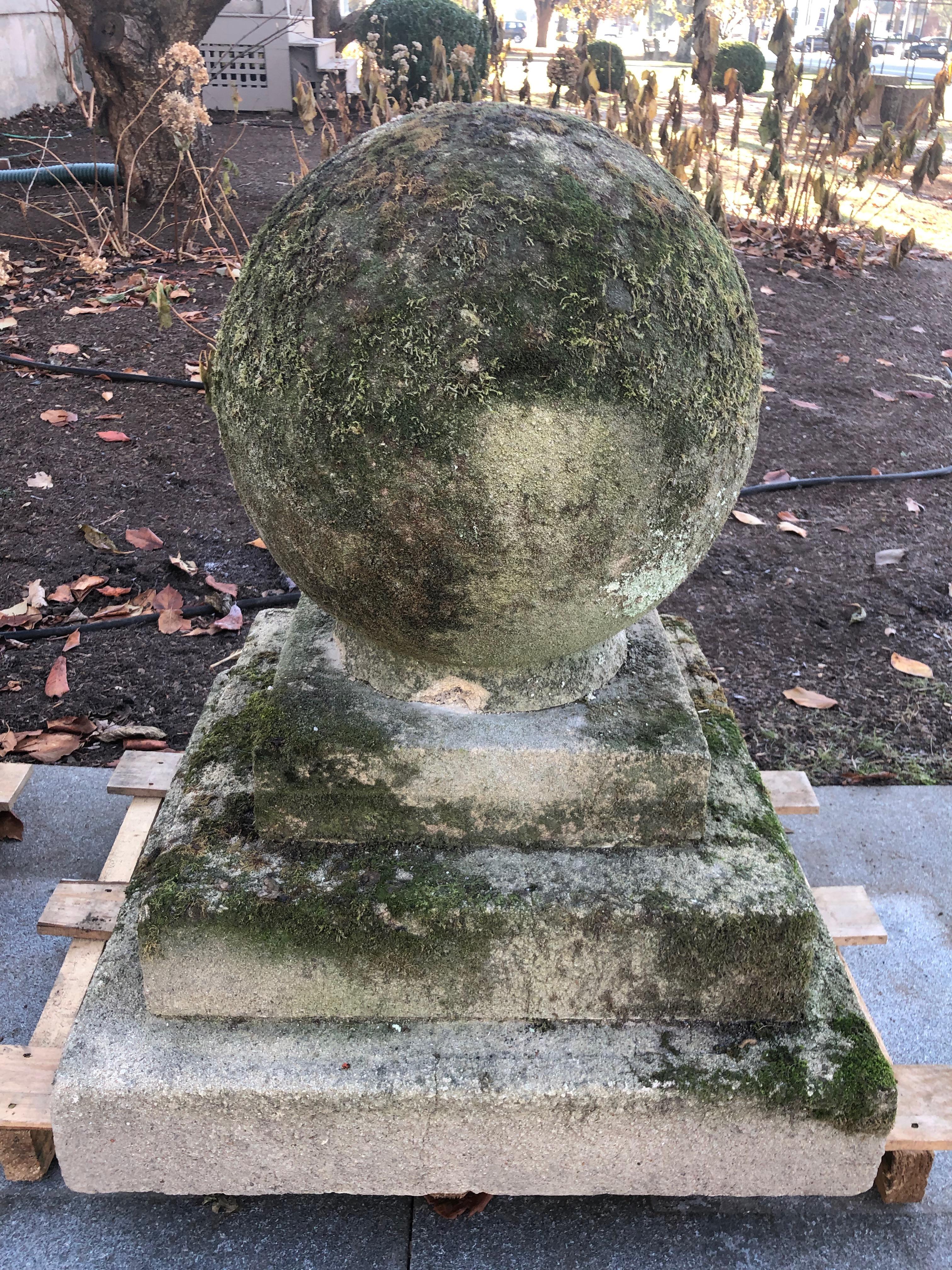 Pair of Mossy Estate-Sized English Cast Stone Ball Finials on Tiered Bases 11