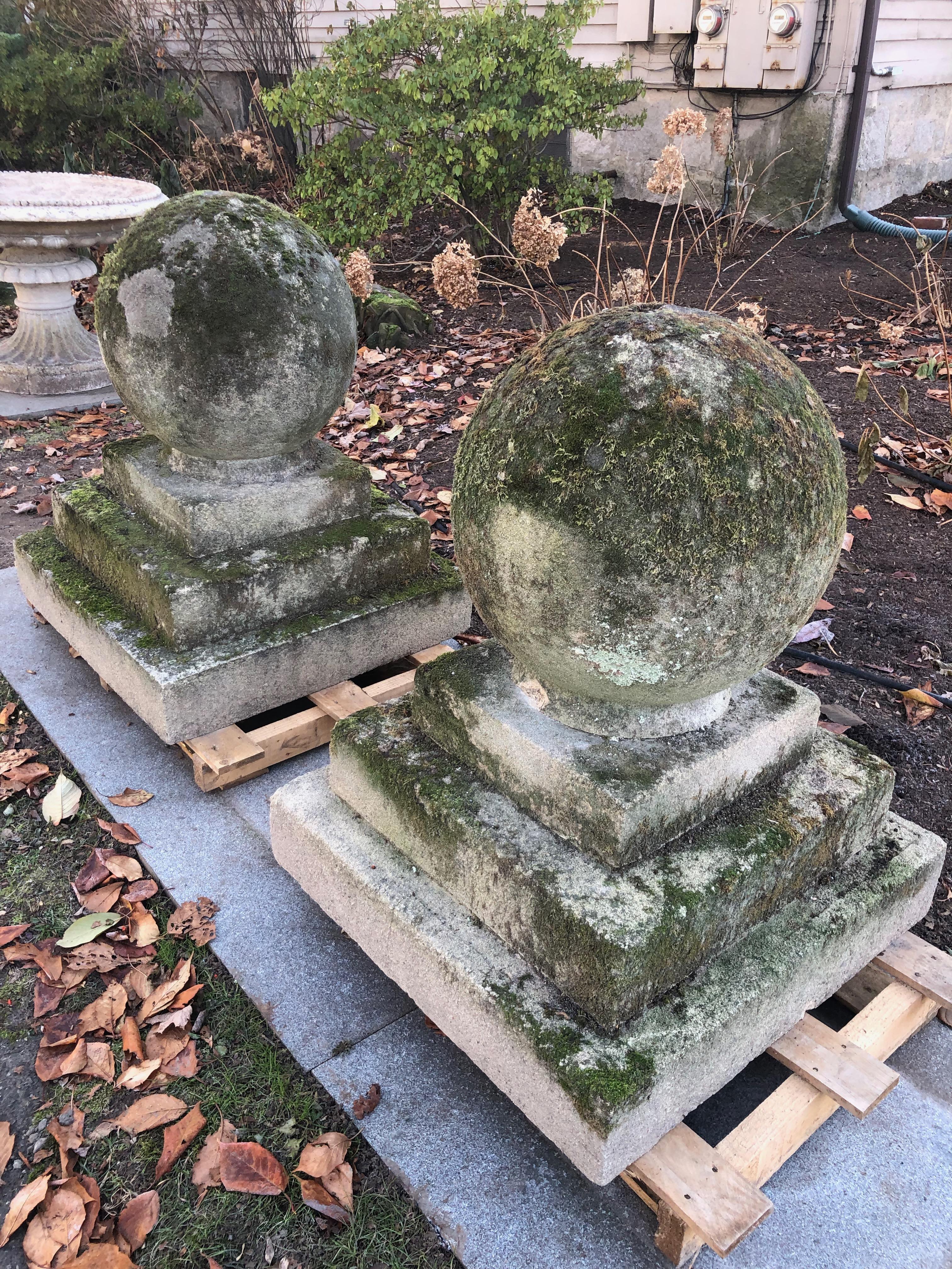 This scale of these stunning finials is just incredible! Standing a whopping 34.3 inches high, and loaded with moss and lichen, these finials are of such size and beauty that they can be placed either atop a pair of gate piers or simply left on the