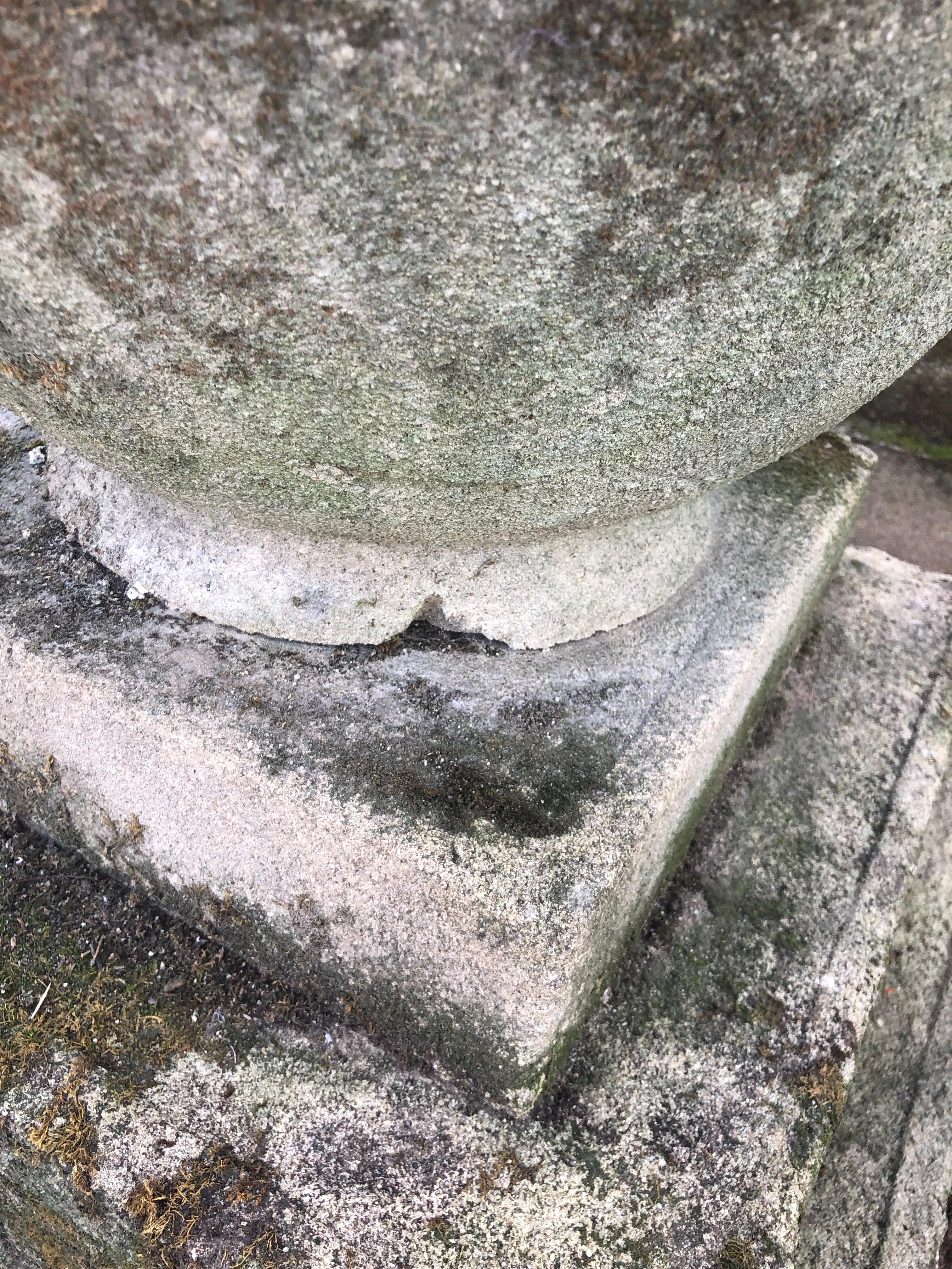 Pair of Mossy Estate-Sized English Cast Stone Ball Finials on Tiered Bases 13
