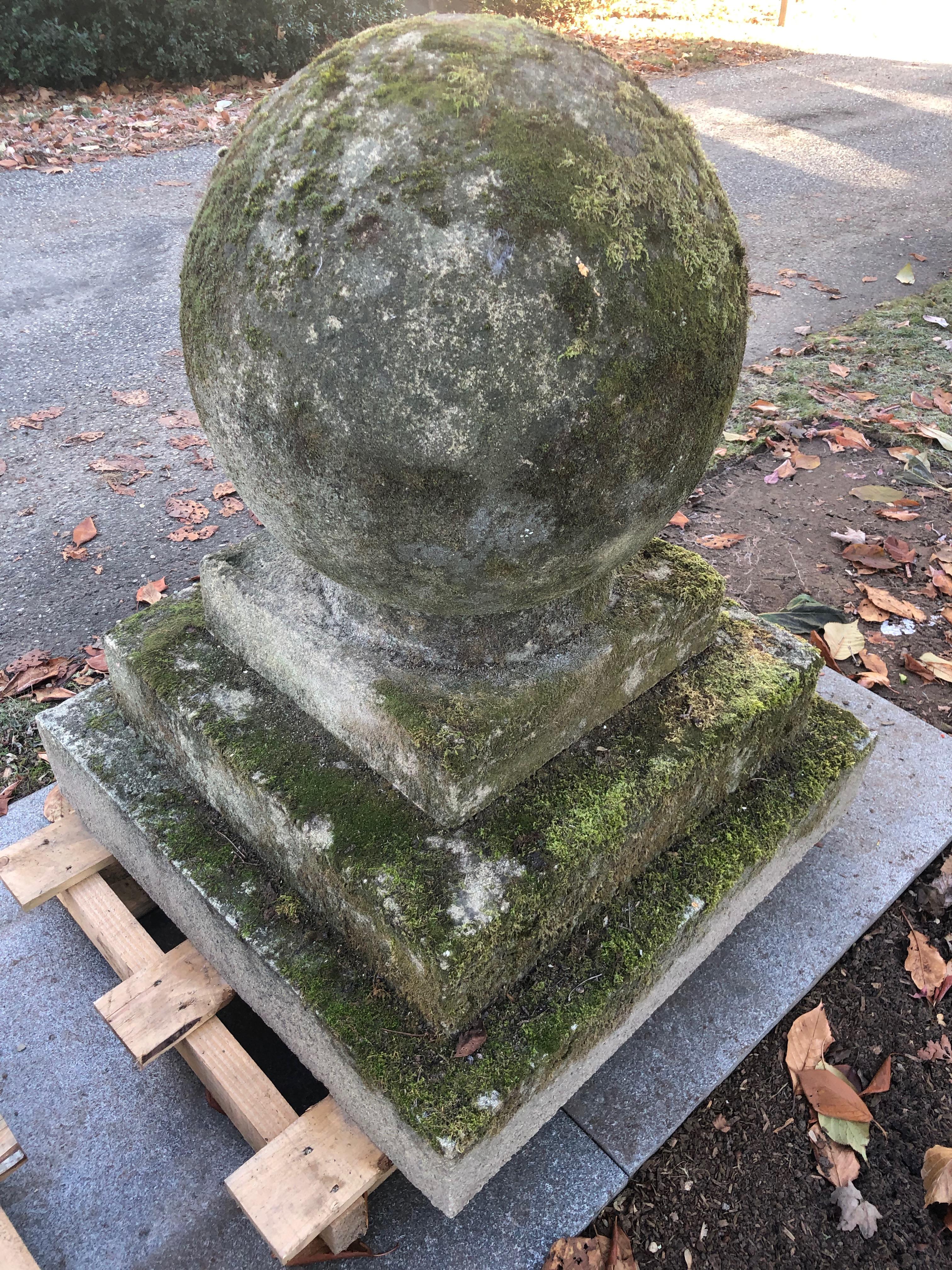 Pair of Mossy Estate-Sized English Cast Stone Ball Finials on Tiered Bases 1