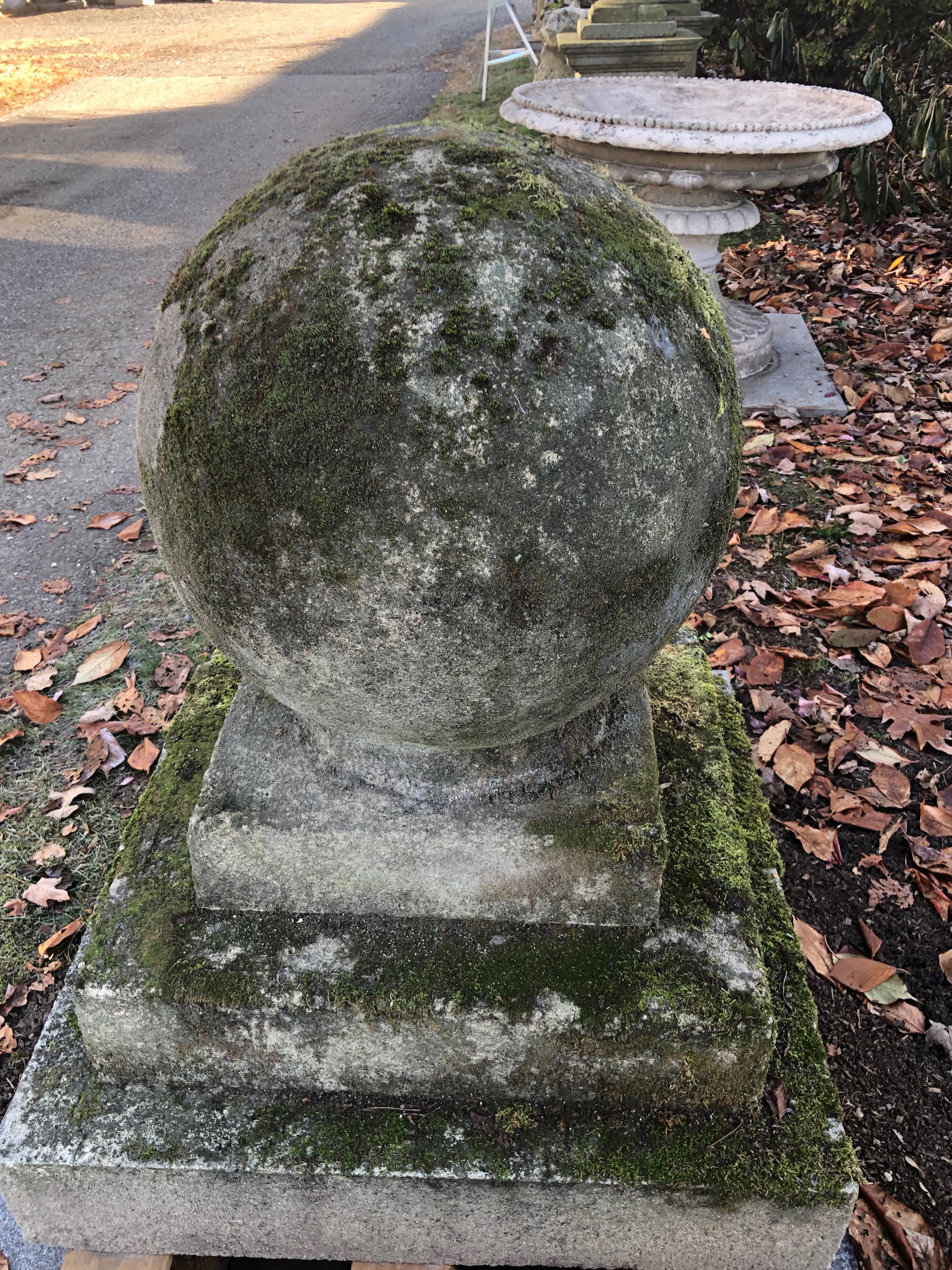 Pair of Mossy Estate-Sized English Cast Stone Ball Finials on Tiered Bases 2