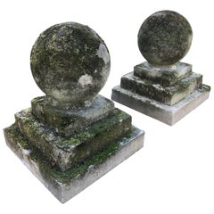 Vintage Pair of Mossy Estate-Sized English Cast Stone Ball Finials on Tiered Bases