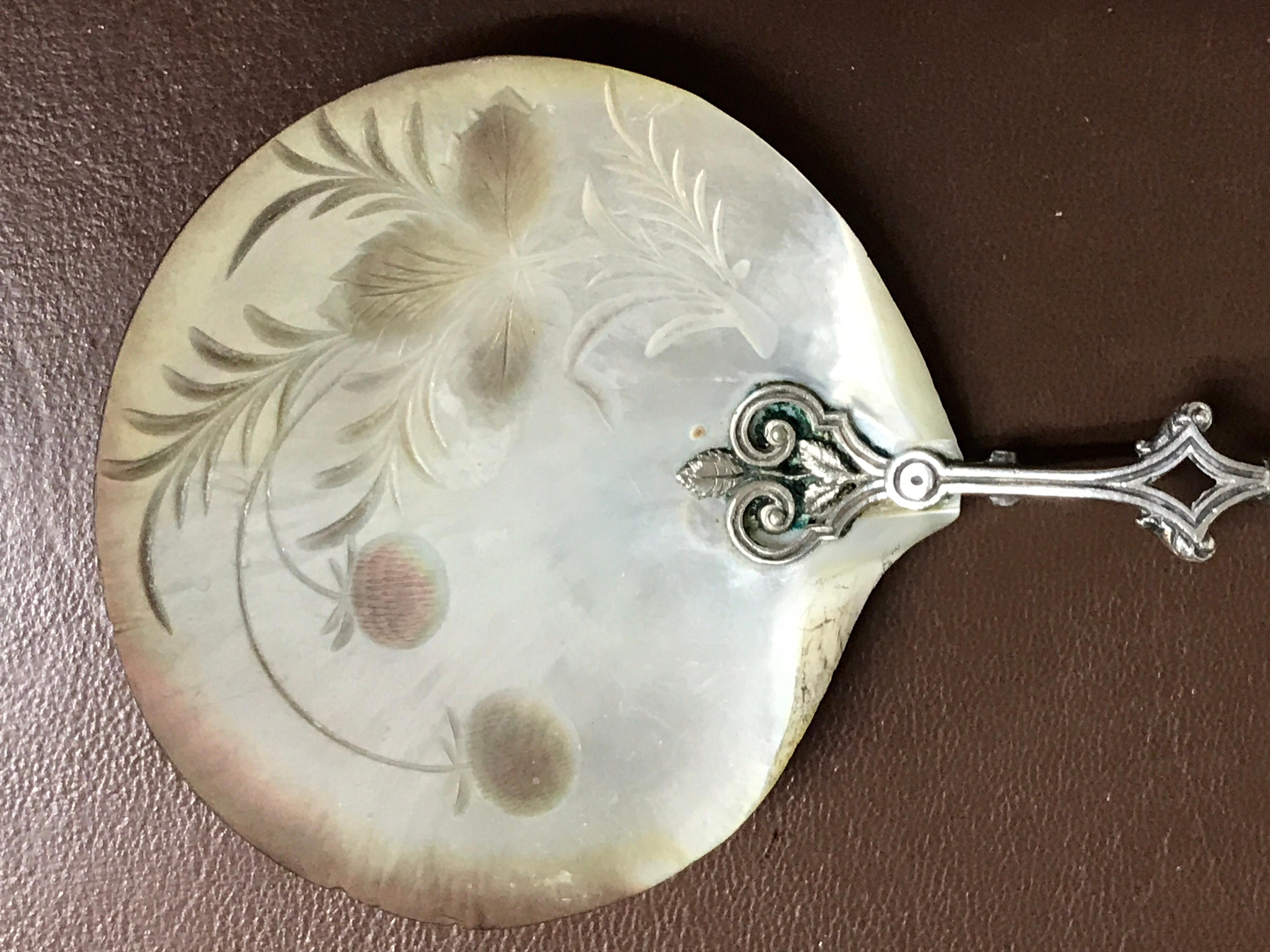 Engraved Pair of Mother of Pearl and Silver Strawberry Spoons For Sale