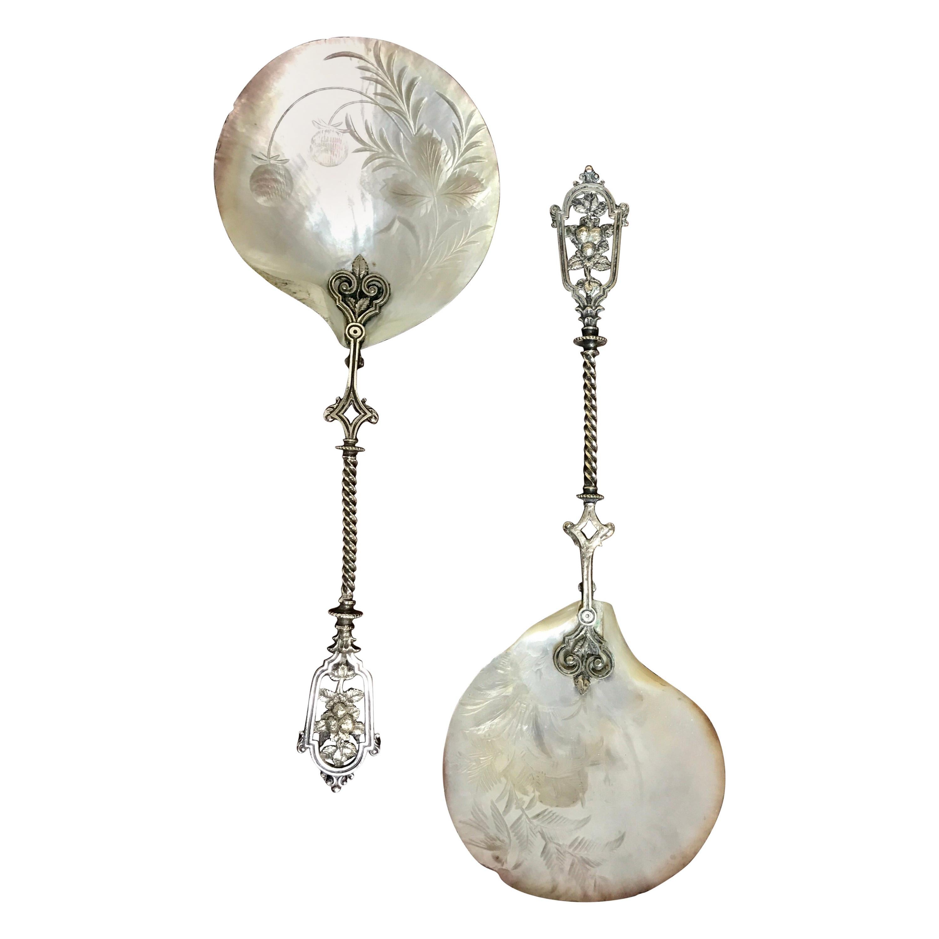 Pair of Mother of Pearl and Silver Strawberry Spoons For Sale