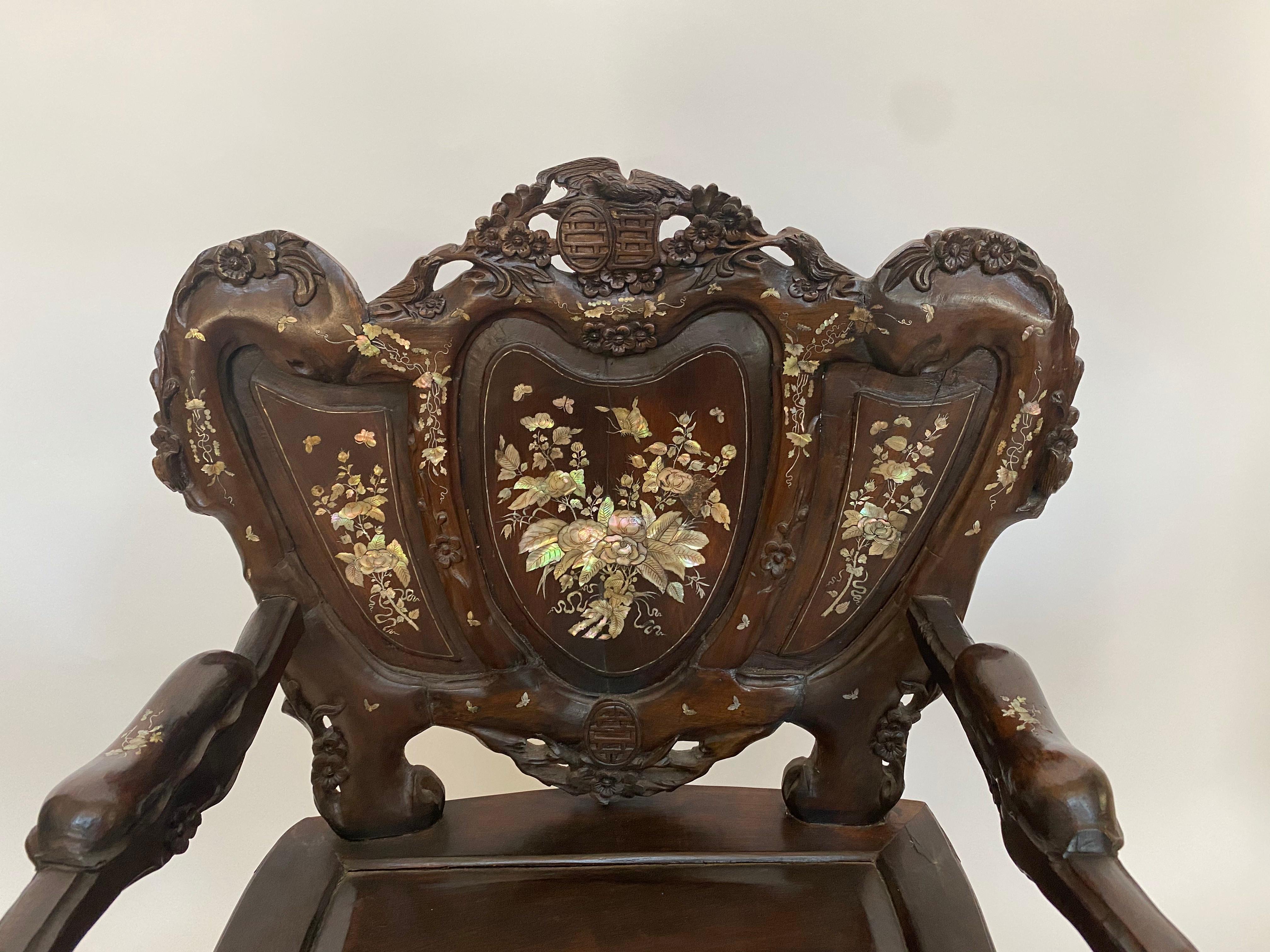 Pair of Mother of Pearl Inlay Chinese Armchairs For Sale 5