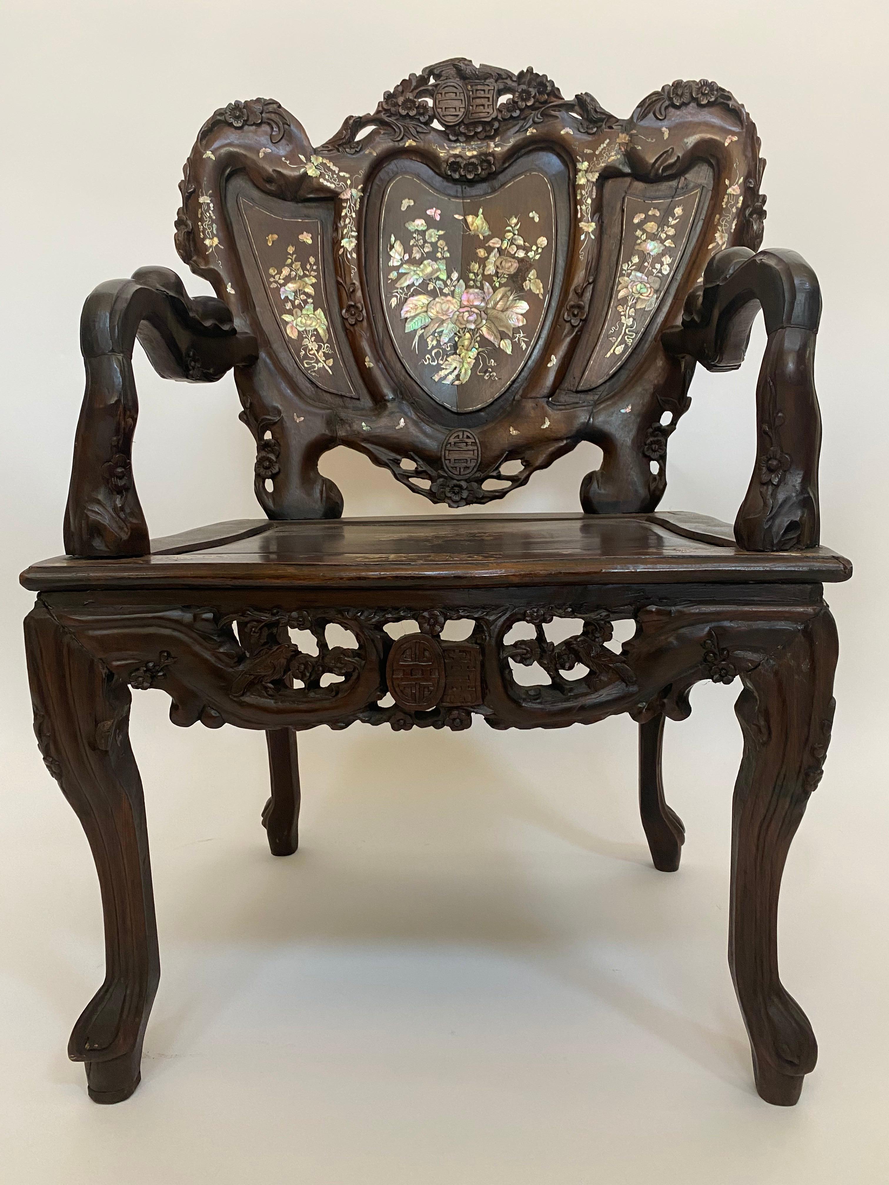 Pair of Mother of Pearl Inlay Chinese Armchairs For Sale 6